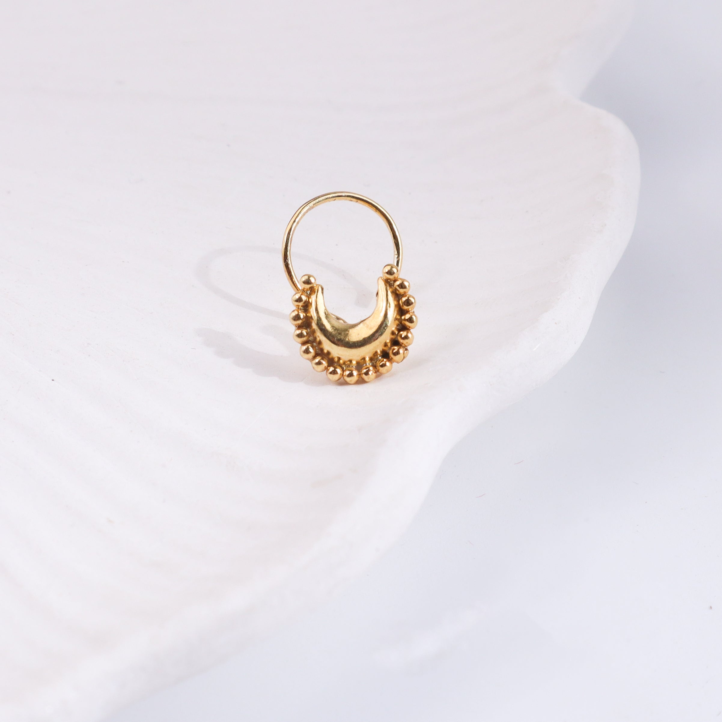 Gold crescent moon nose pin with beads