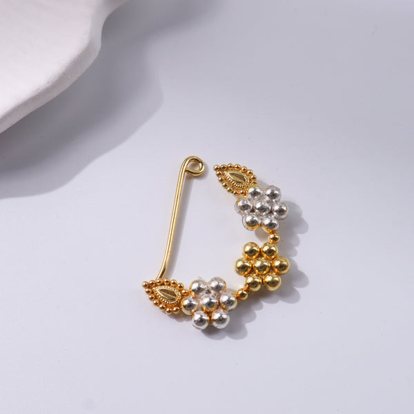 Gold and silver floral Nath with pearl accents