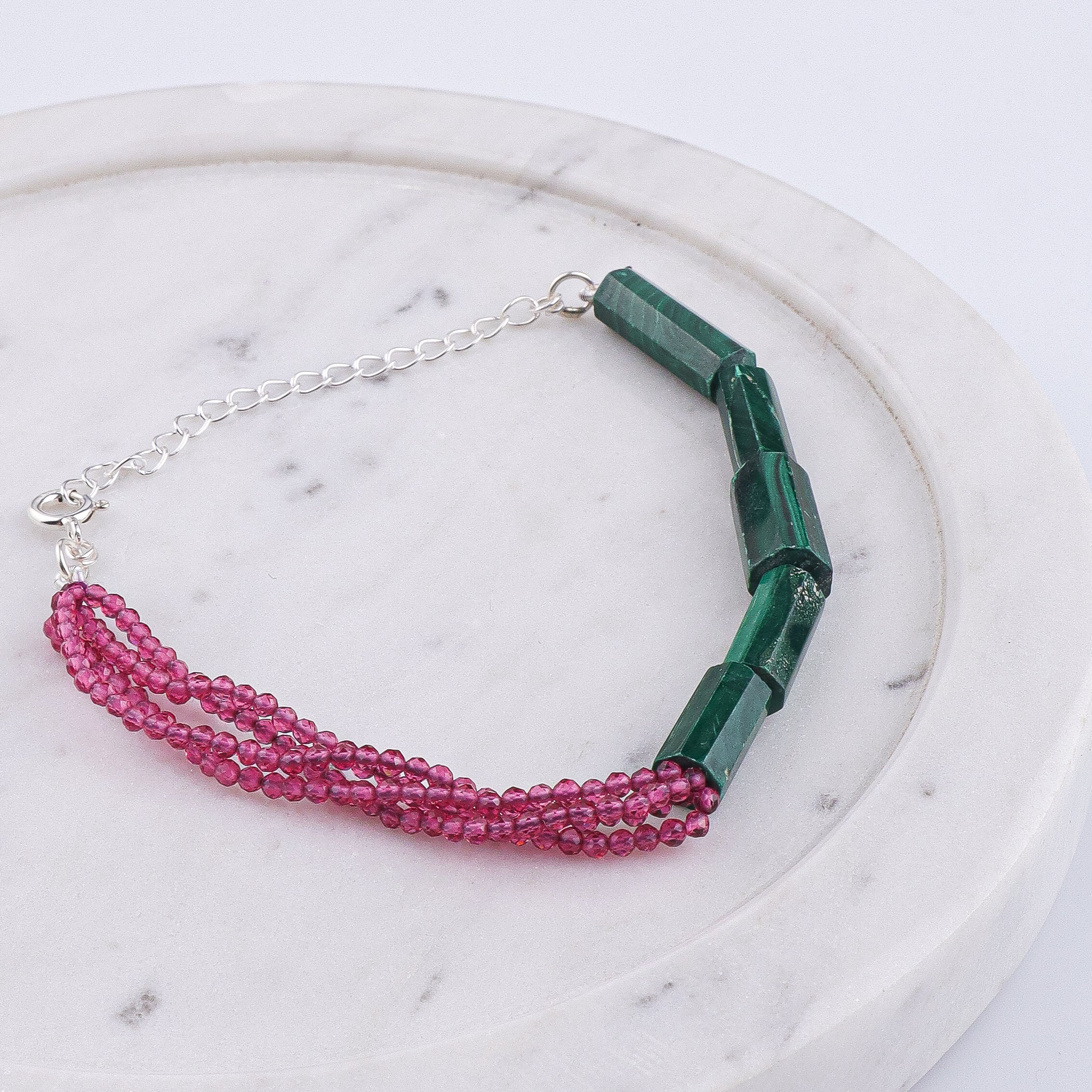 Green Malachite & Ruby Silver Bracelet (Project Handmade)
