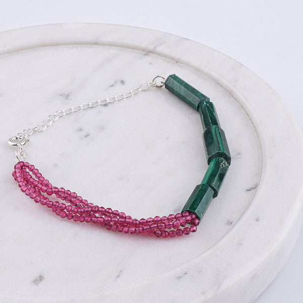Green Malachite & Ruby Silver Bracelet (Project Handmade)