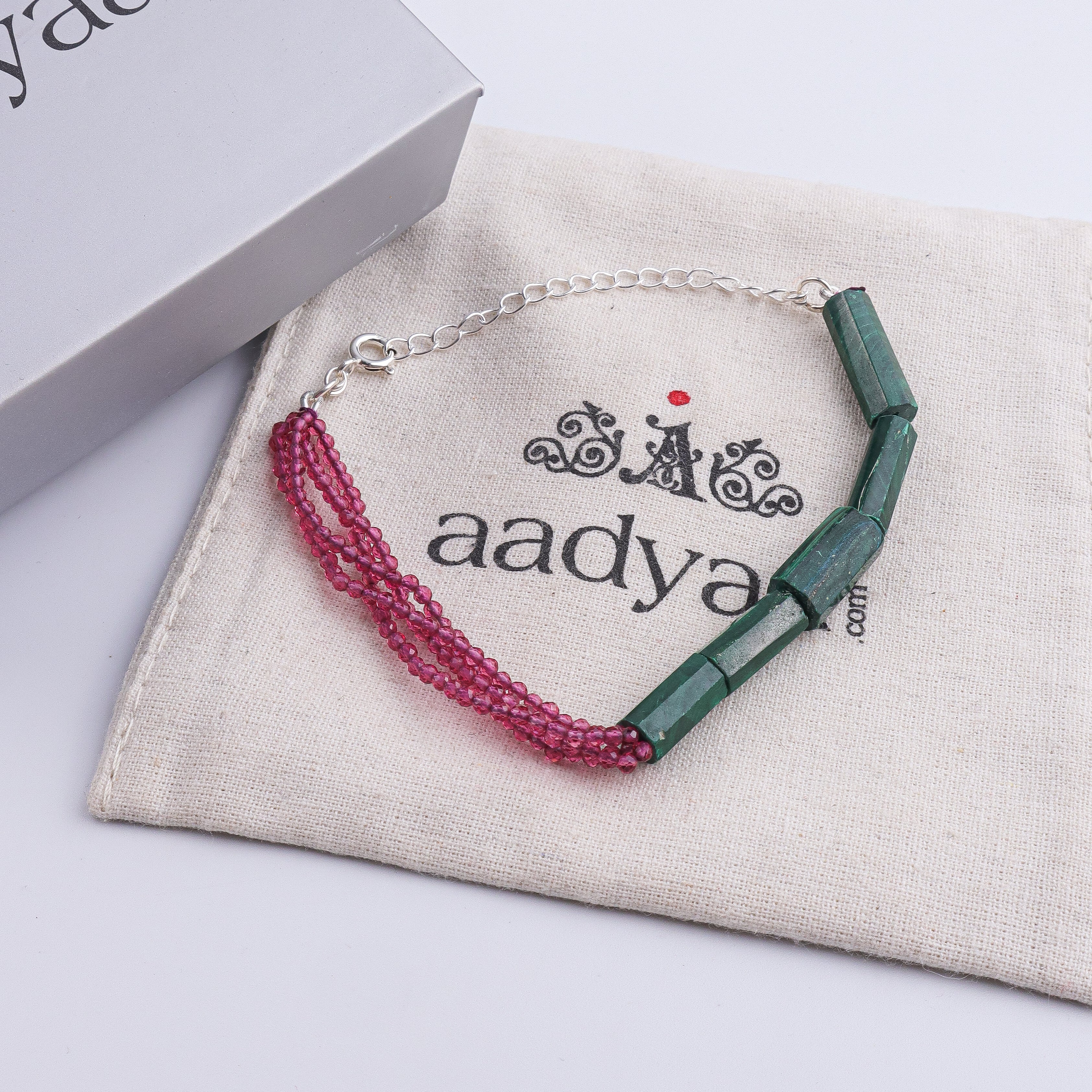 Green Malachite & Ruby Silver Bracelet (Project Handmade)