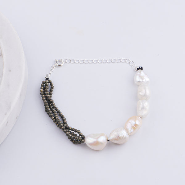Pyrite & Freshwater Pearl Silver Bracelet (Project Handmade)