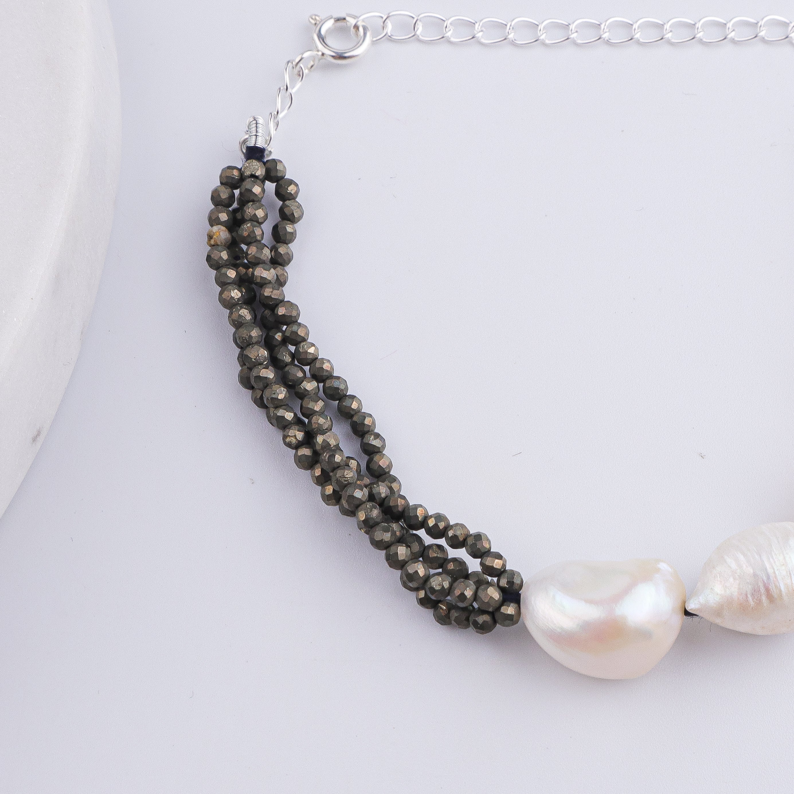 Pyrite & Freshwater Pearl Silver Bracelet (Project Handmade)
