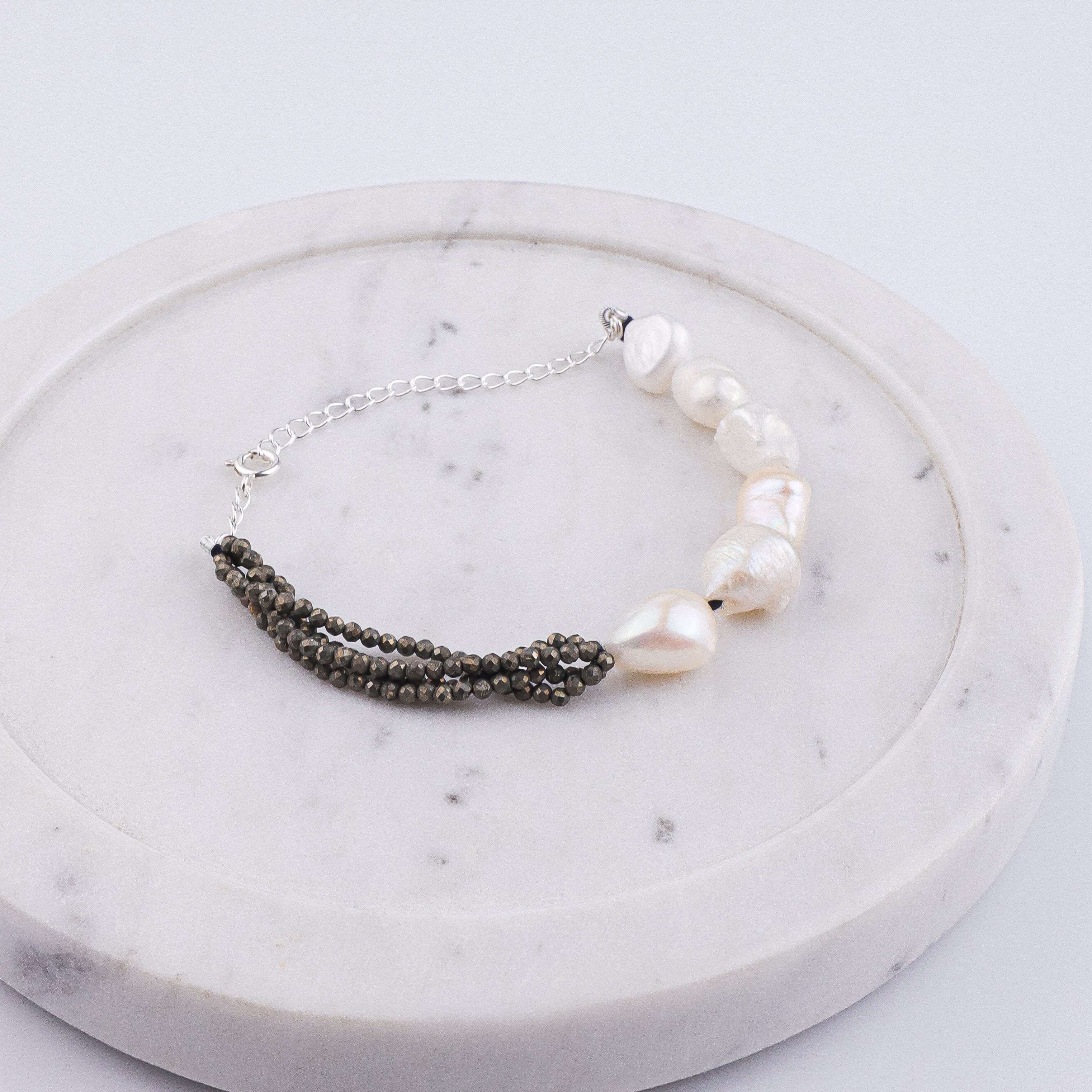 Pyrite & Freshwater Pearl Silver Bracelet (Project Handmade)