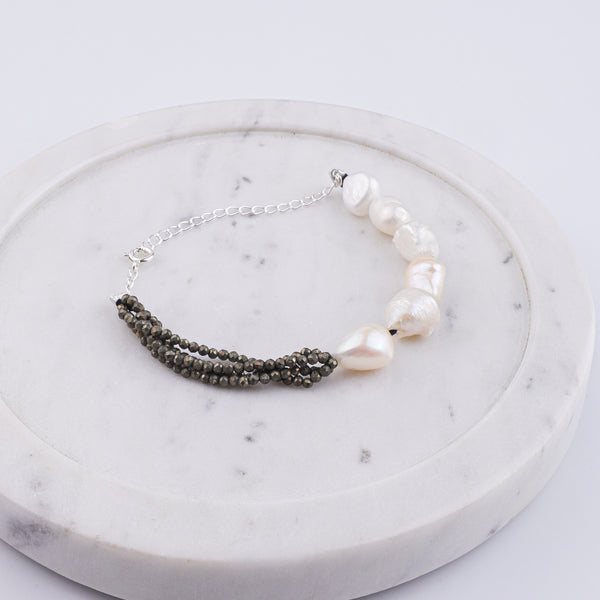 Pyrite & Freshwater Pearl Silver Bracelet (Project Handmade)