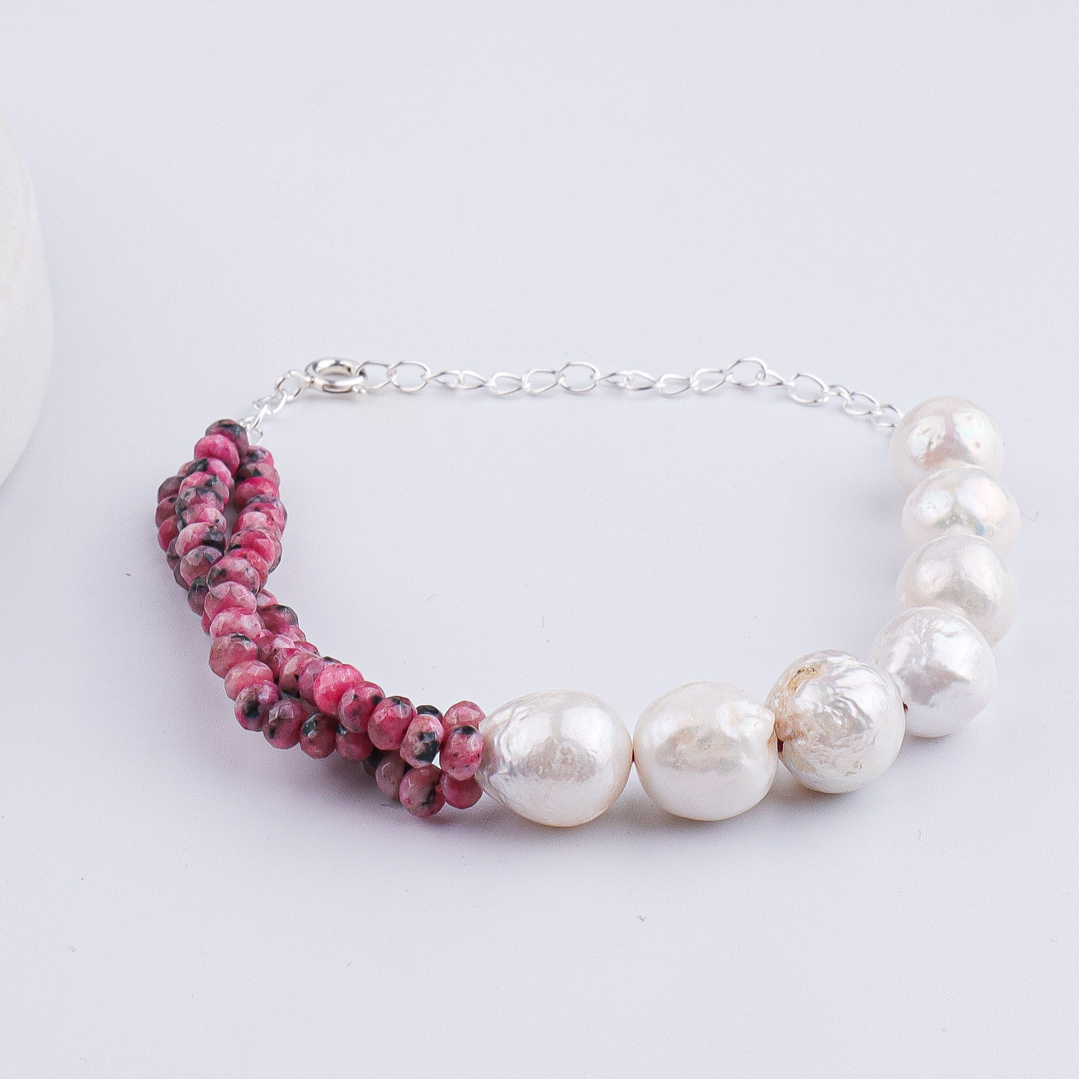 Pink Jade & Baroque Pearl Silver Bracelet (Project Handmade)