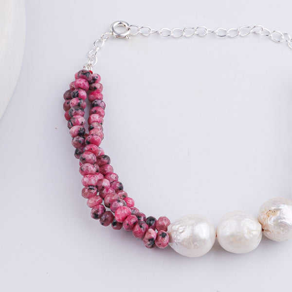 Pink Jade & Baroque Pearl Silver Bracelet (Project Handmade)