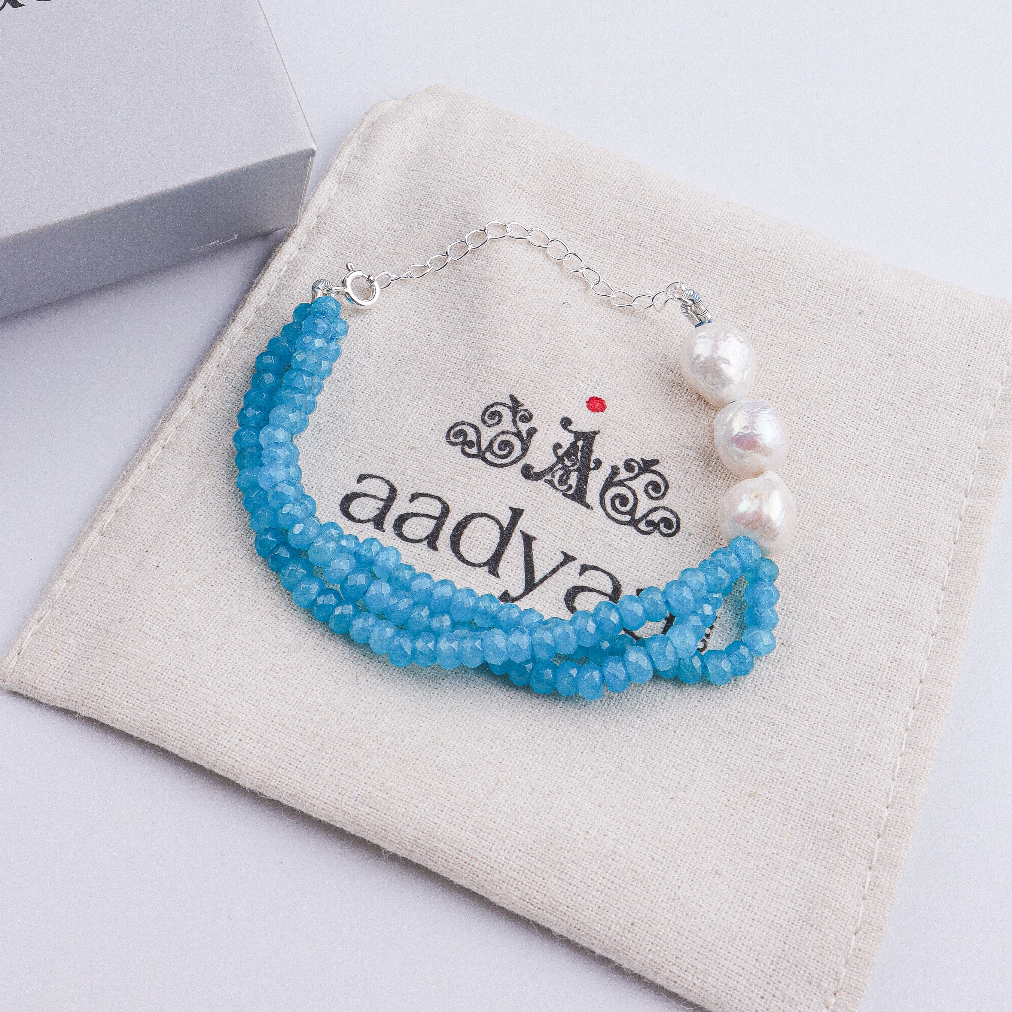 Blue Jade & Baroque Pearl Silver Bracelet (Project Handmade)