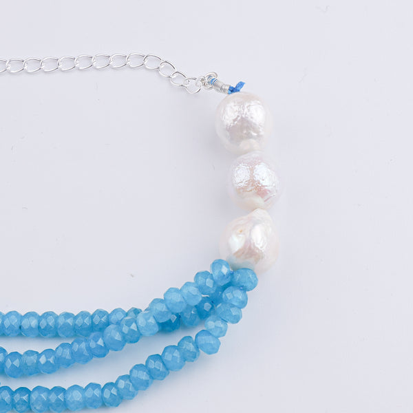 Blue Jade & Baroque Pearl Silver Bracelet (Project Handmade)