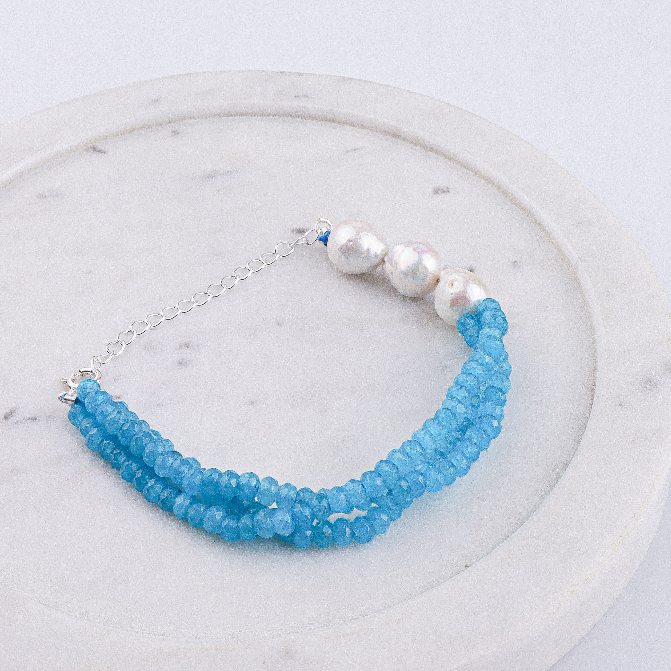 Blue Jade & Baroque Pearl Silver Bracelet (Project Handmade)