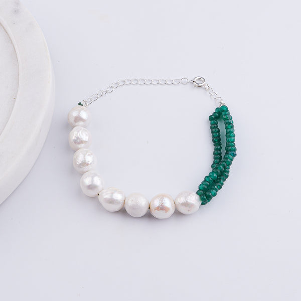 Green Onyx & Baroque Pearl Silver Bracelet (Project Handmade)