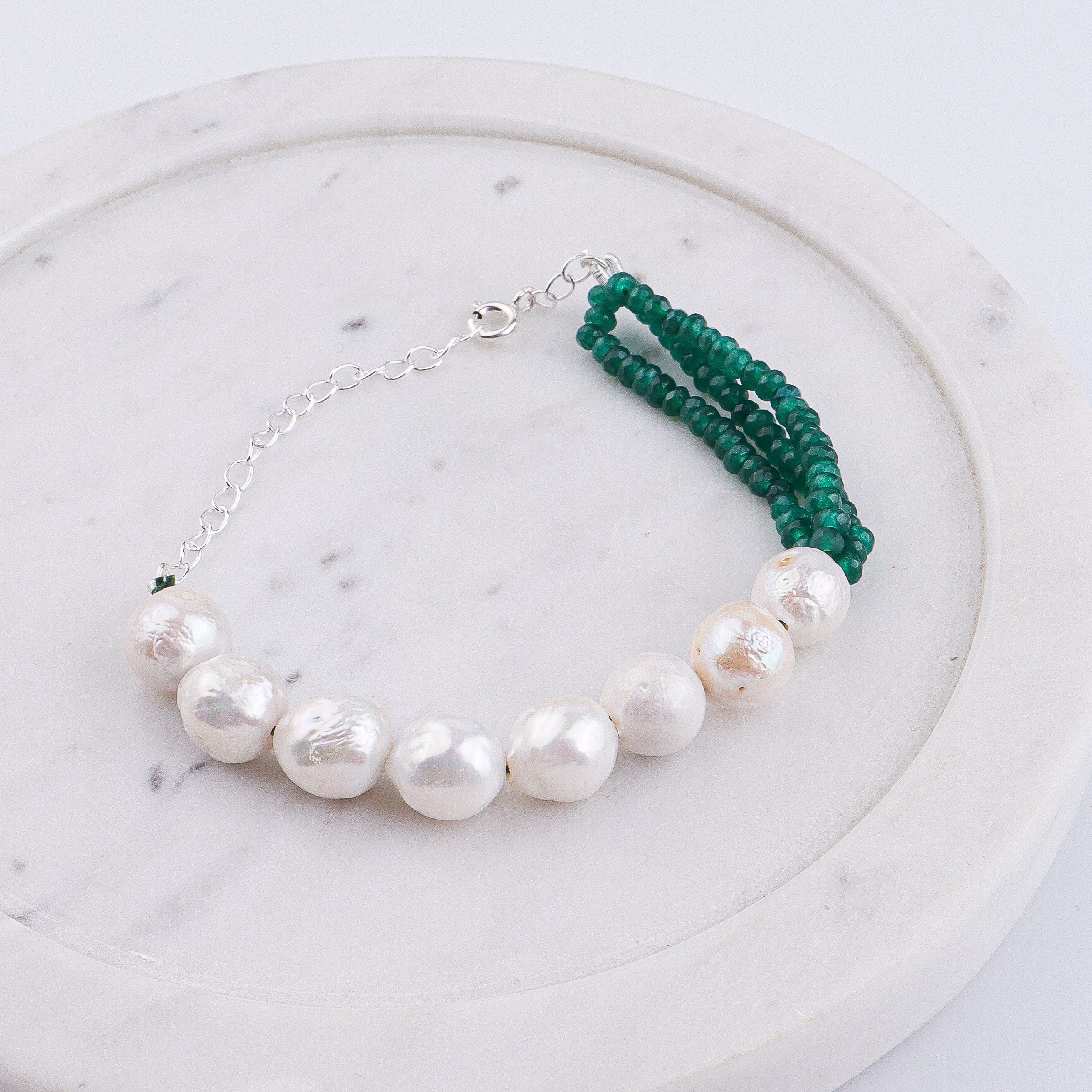 Green Onyx & Baroque Pearl Silver Bracelet (Project Handmade)