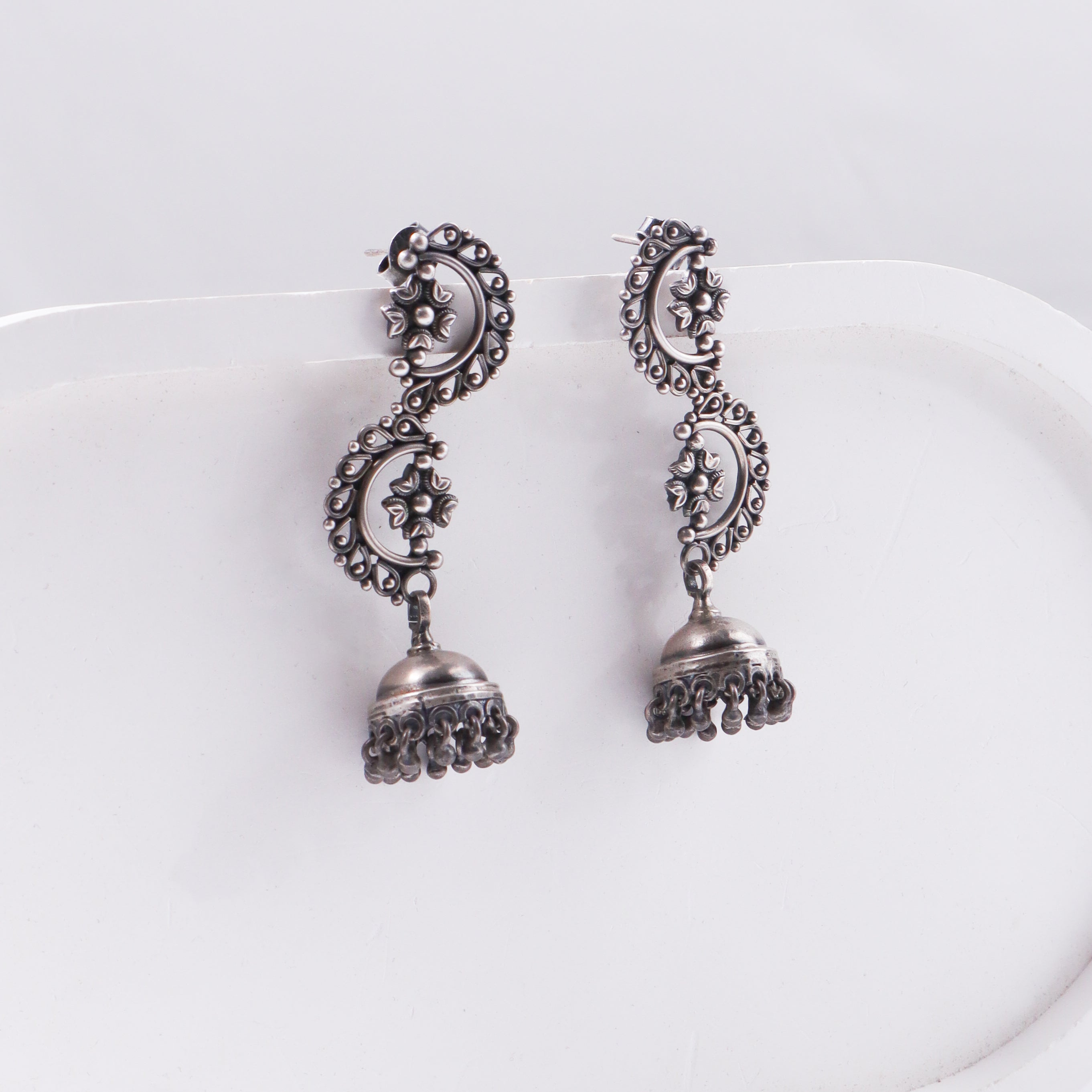Sterling silver jhumki earrings with intricate filigree design