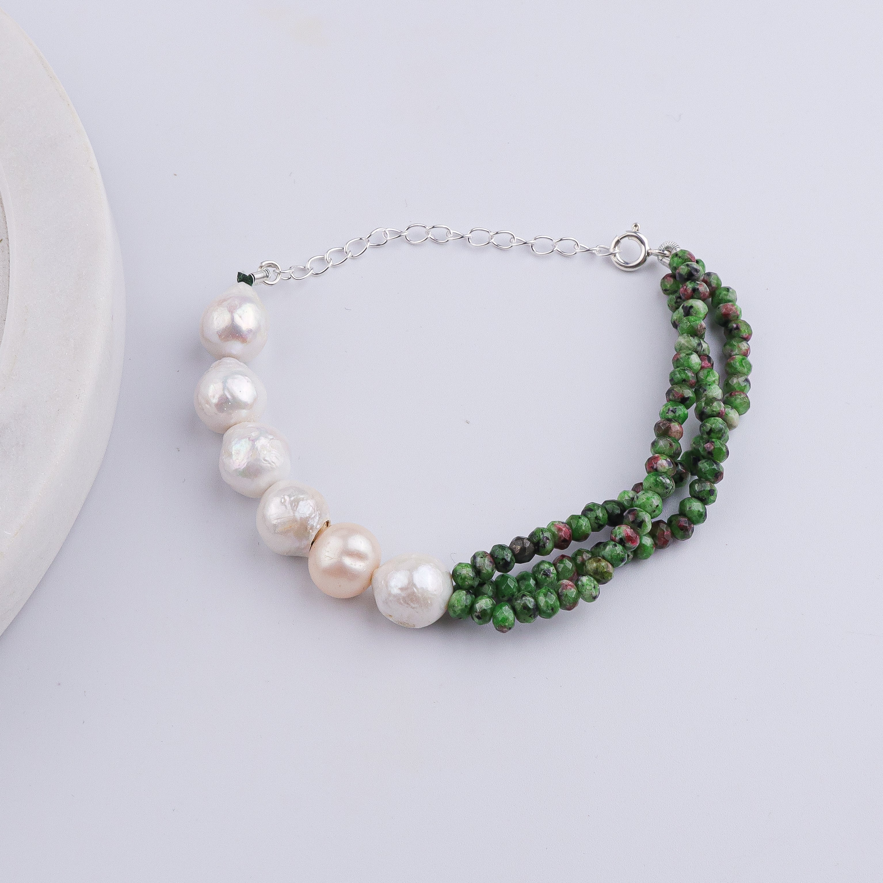 Green Jade & Baroque Pearl Silver Bracelet (Project Handmade)