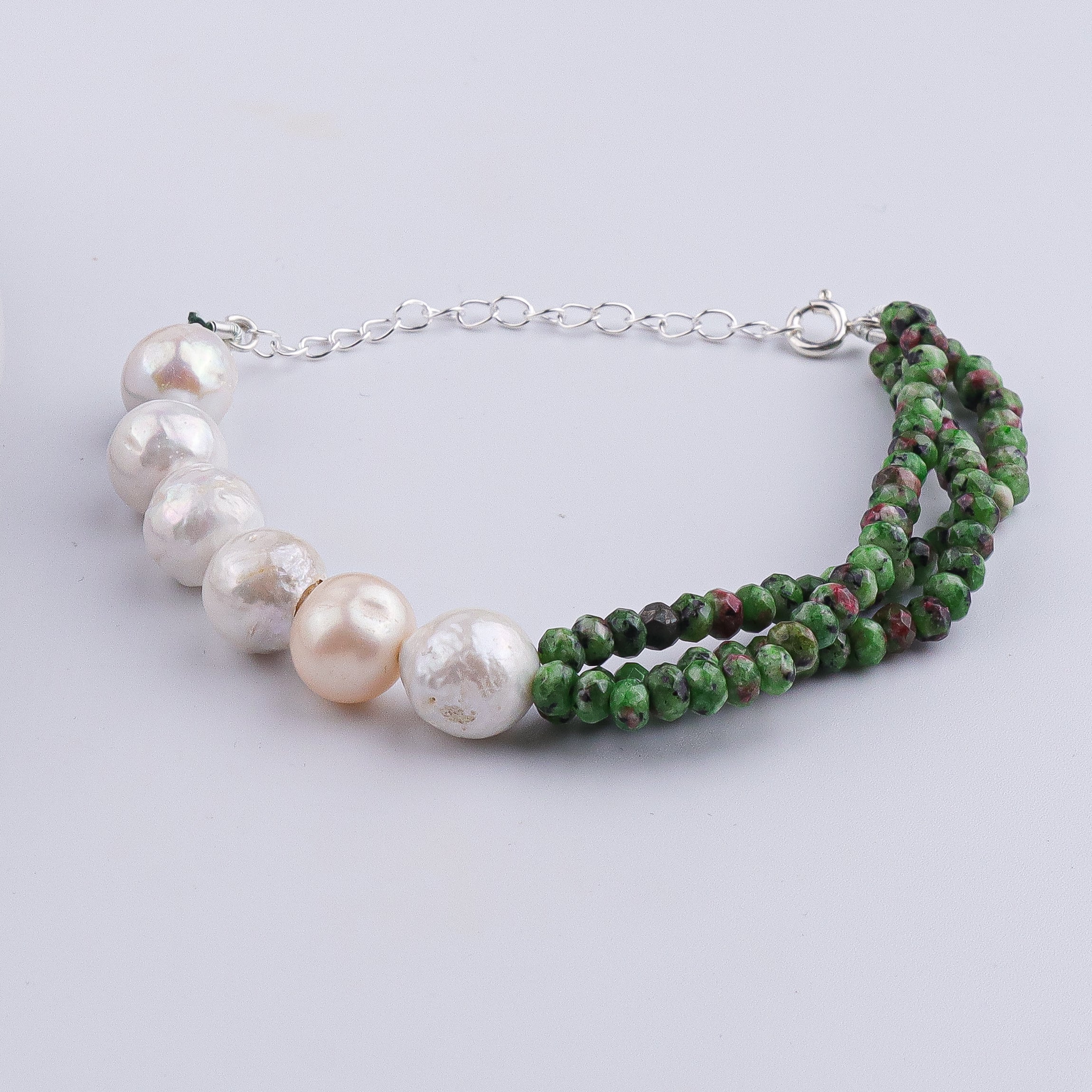 Green Jade & Baroque Pearl Silver Bracelet (Project Handmade)