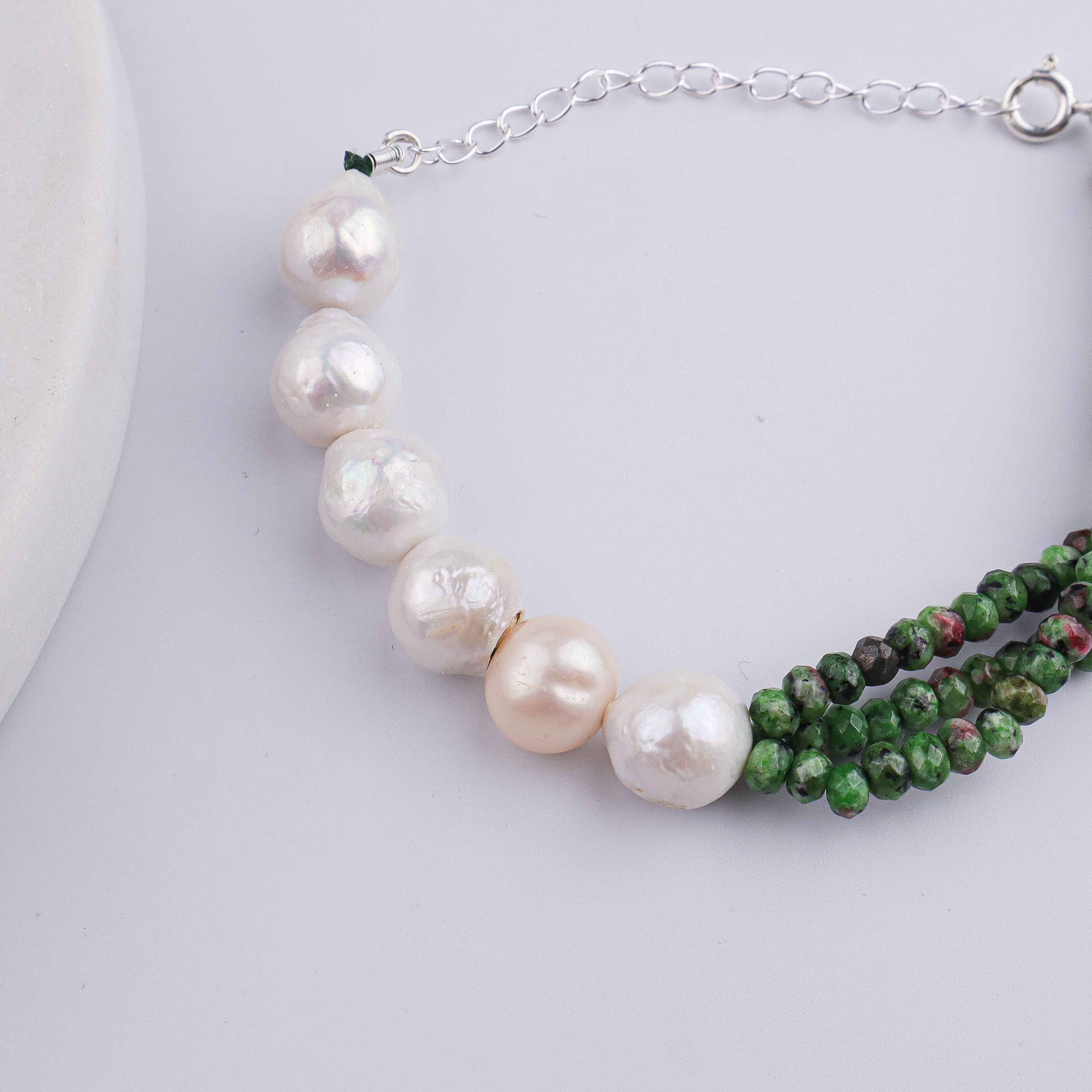 Green Jade & Baroque Pearl Silver Bracelet (Project Handmade)