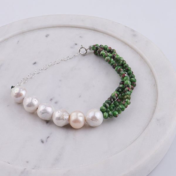 Green Jade & Baroque Pearl Silver Bracelet (Project Handmade)