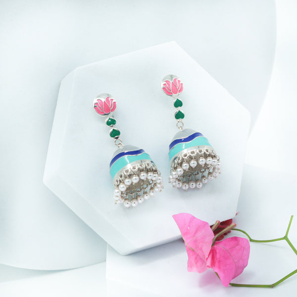 Silver Enamel Lotus Jhumka Earrings