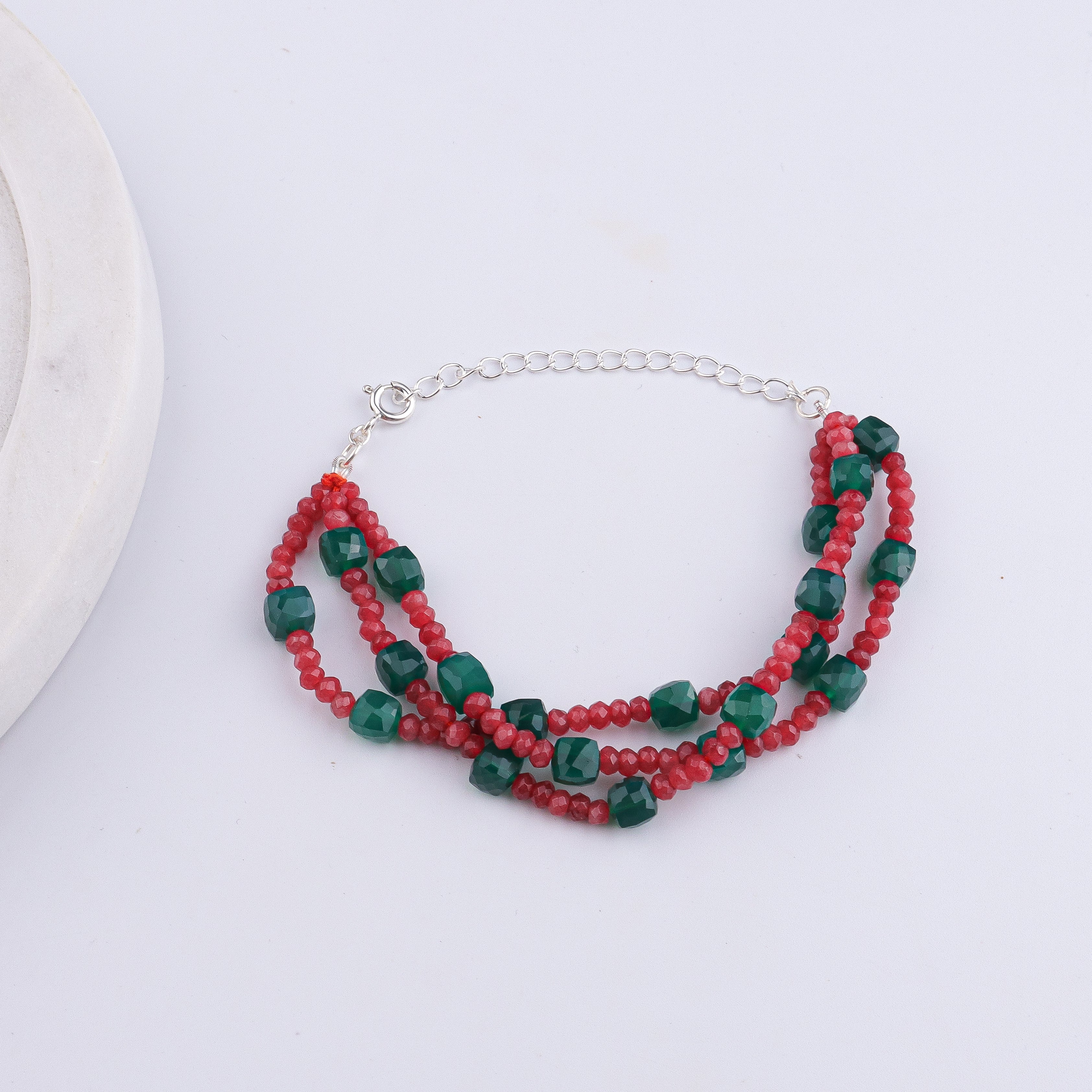 Red Jade & Green Onyx Silver Bracelet (Project Handmade)
