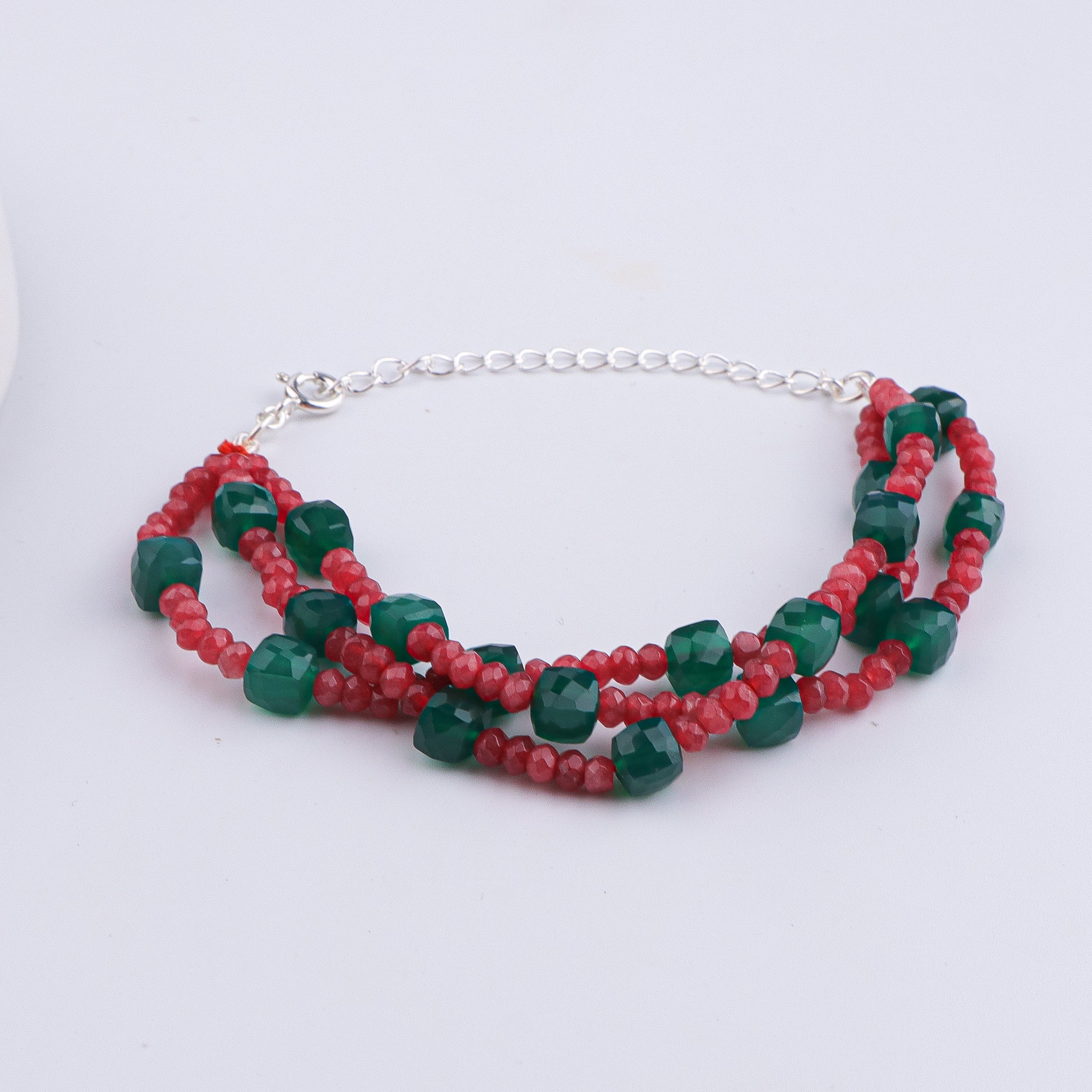 Red Jade & Green Onyx Silver Bracelet (Project Handmade)