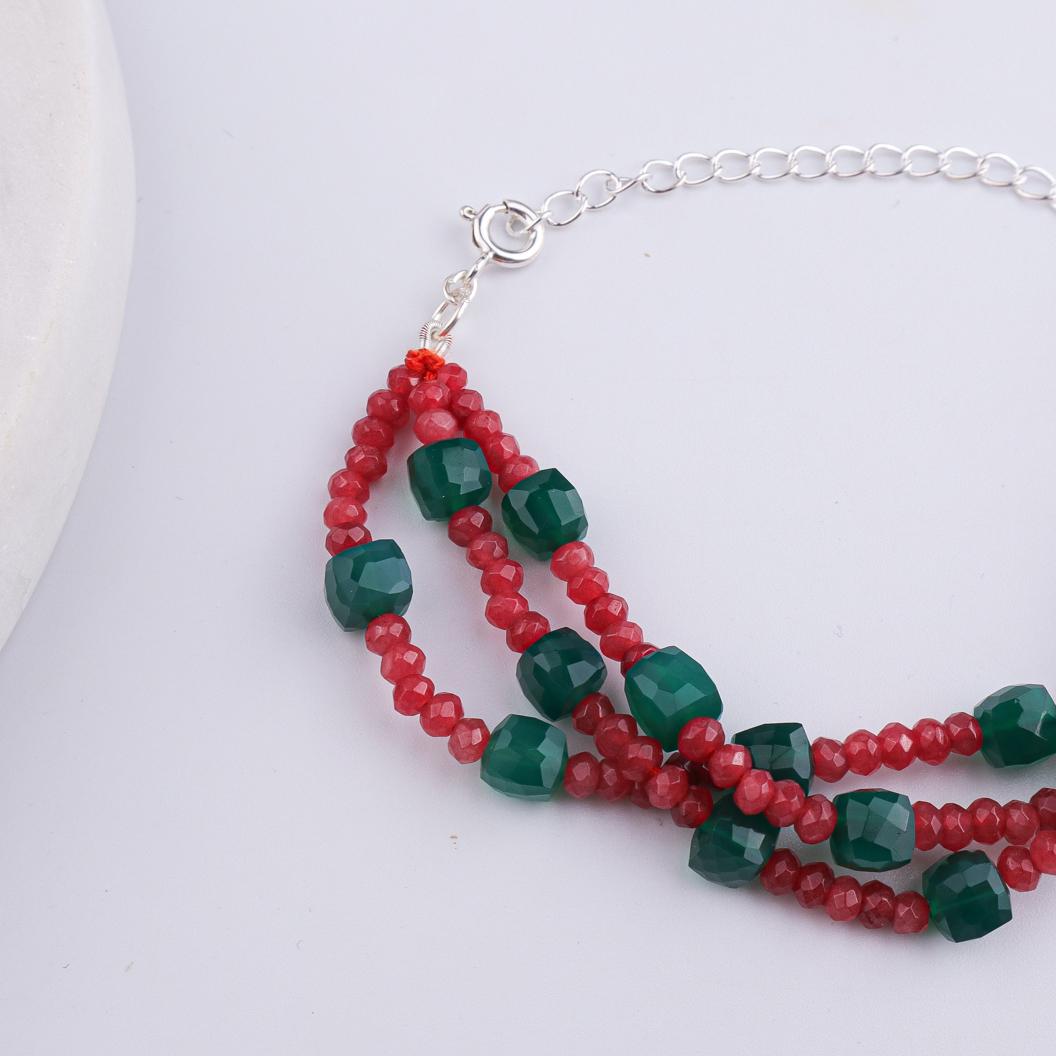 Red Jade & Green Onyx Silver Bracelet (Project Handmade)