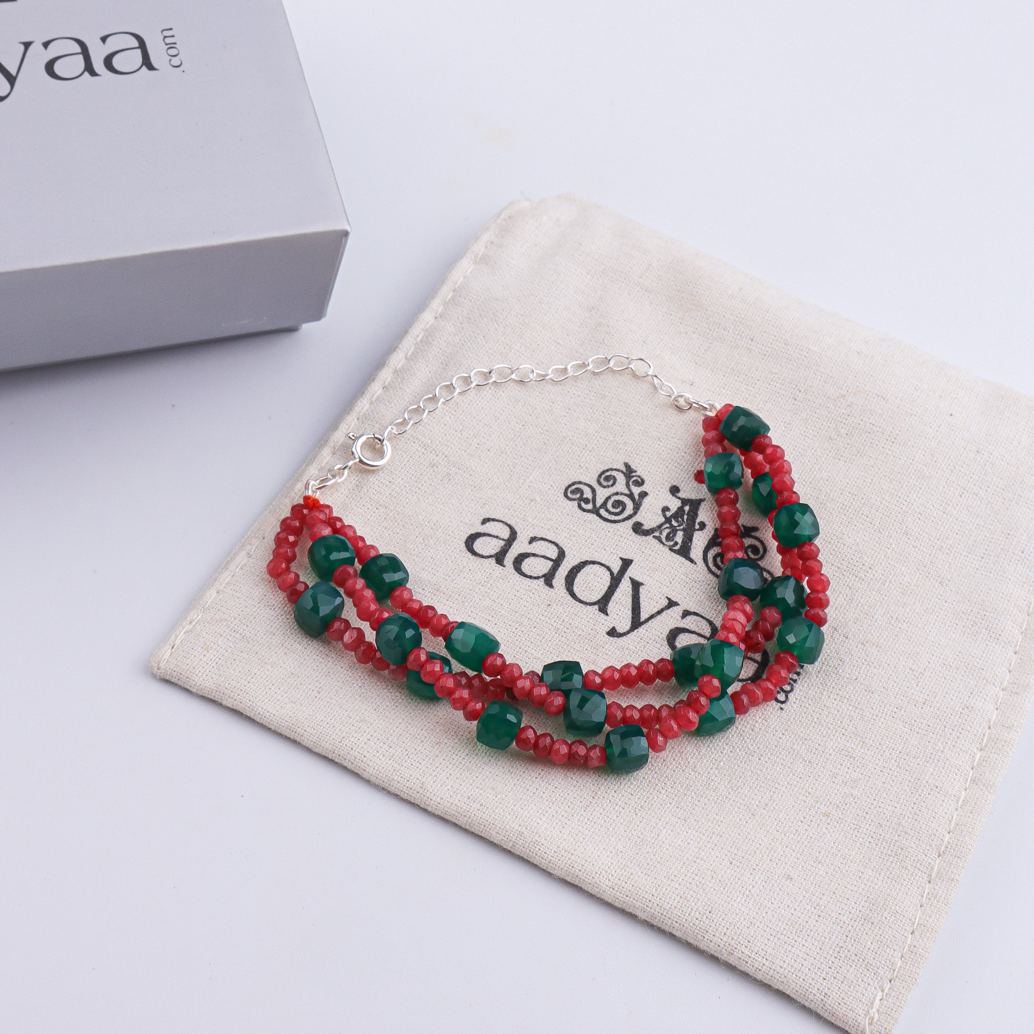 Red Jade & Green Onyx Silver Bracelet (Project Handmade)
