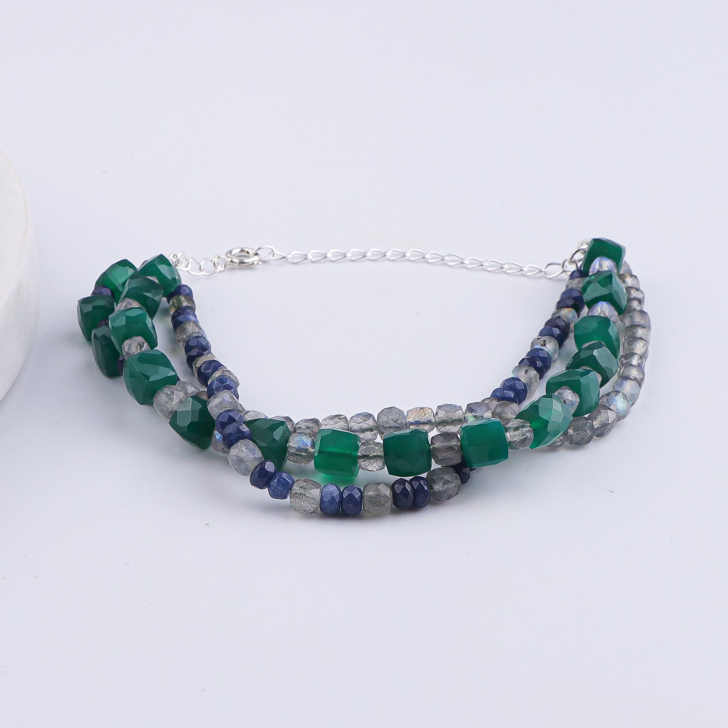 Green Onyx, Blue Jade & Labradorite Silver Bracelet (Project Handmade)