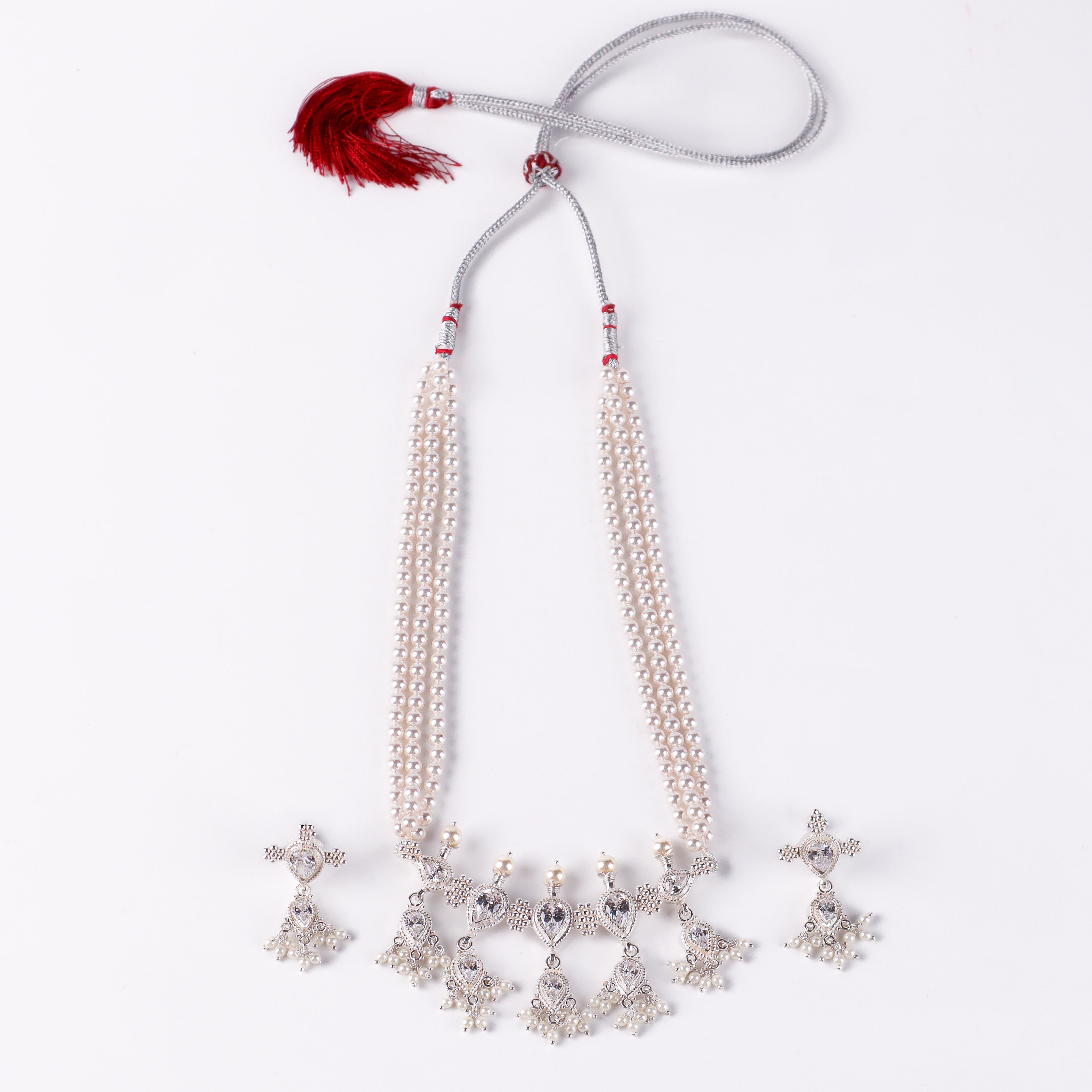 Silver CZ Kudi Tanmani Set with Pearls (5 Leaf)