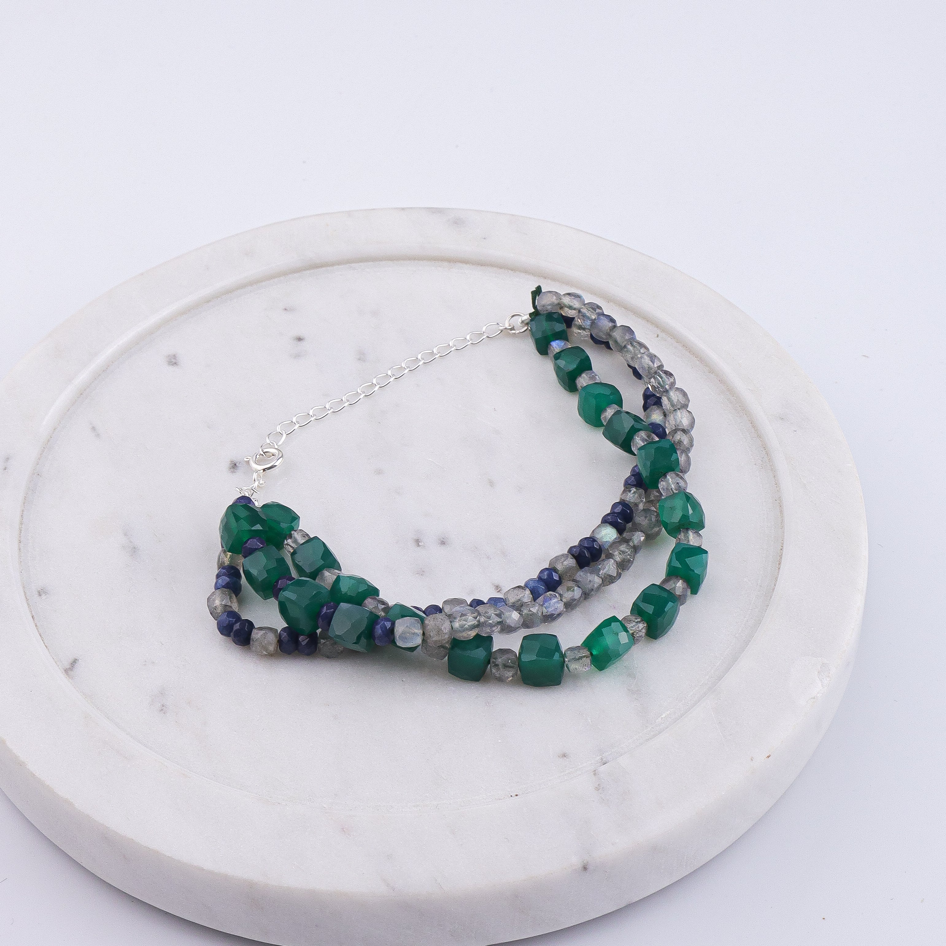 Green Onyx, Blue Jade & Labradorite Silver Bracelet (Project Handmade)