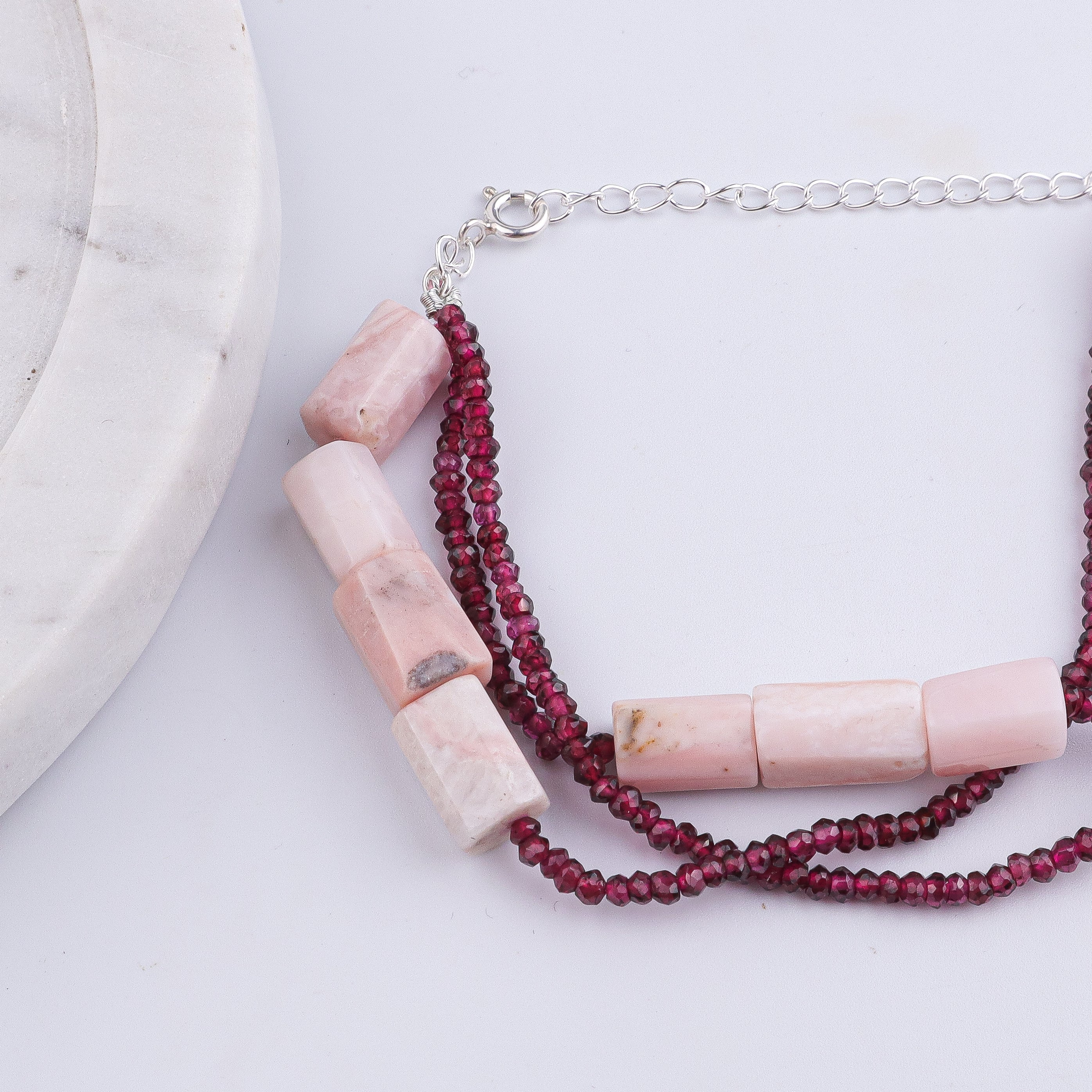 Pink Opal & Garnet Silver Bracelet (Project Handmade)