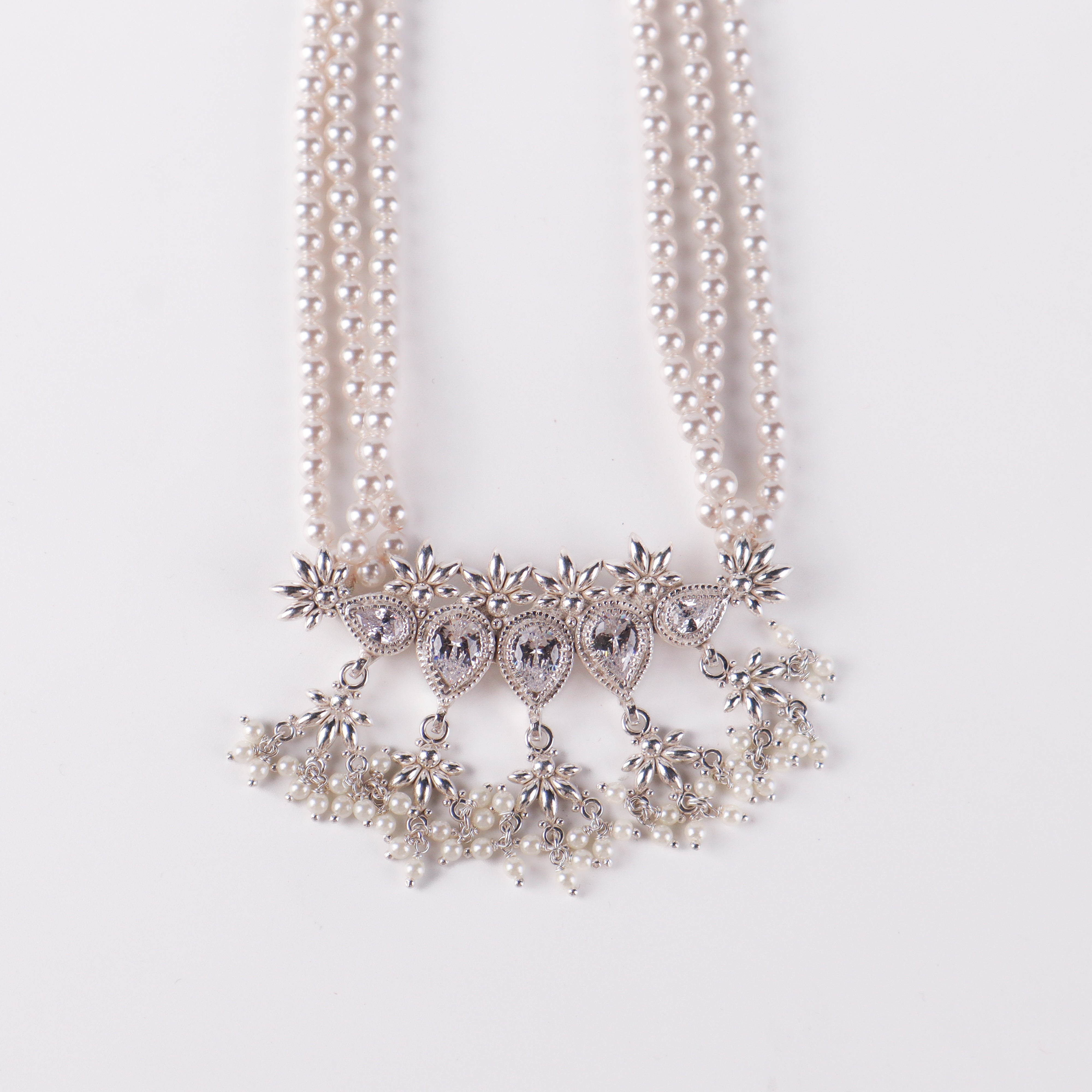 Silver CZ Flower Tanmani Set with Pearls (5 Leaf)