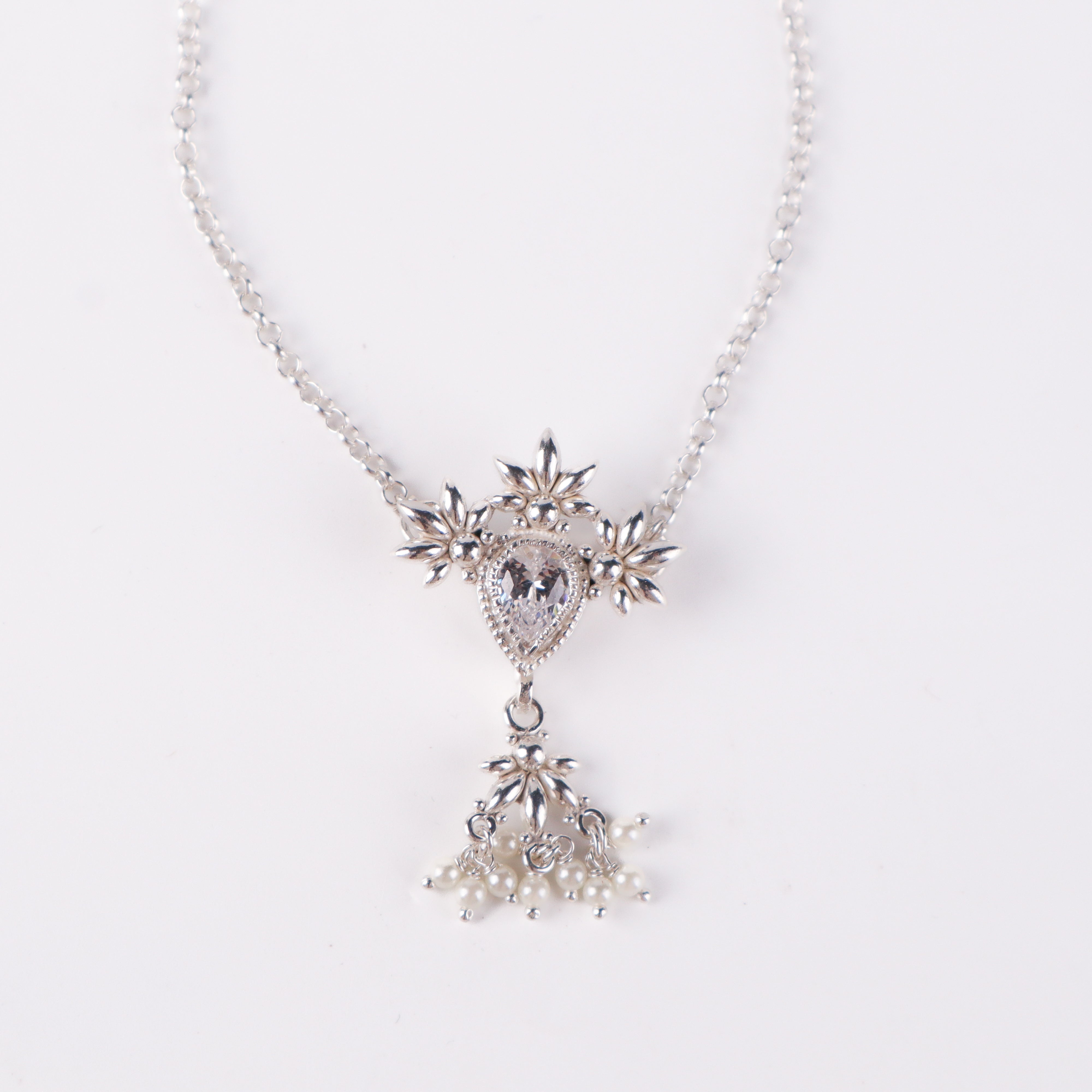 Silver CZ Flower Tanmani Set with Pearls