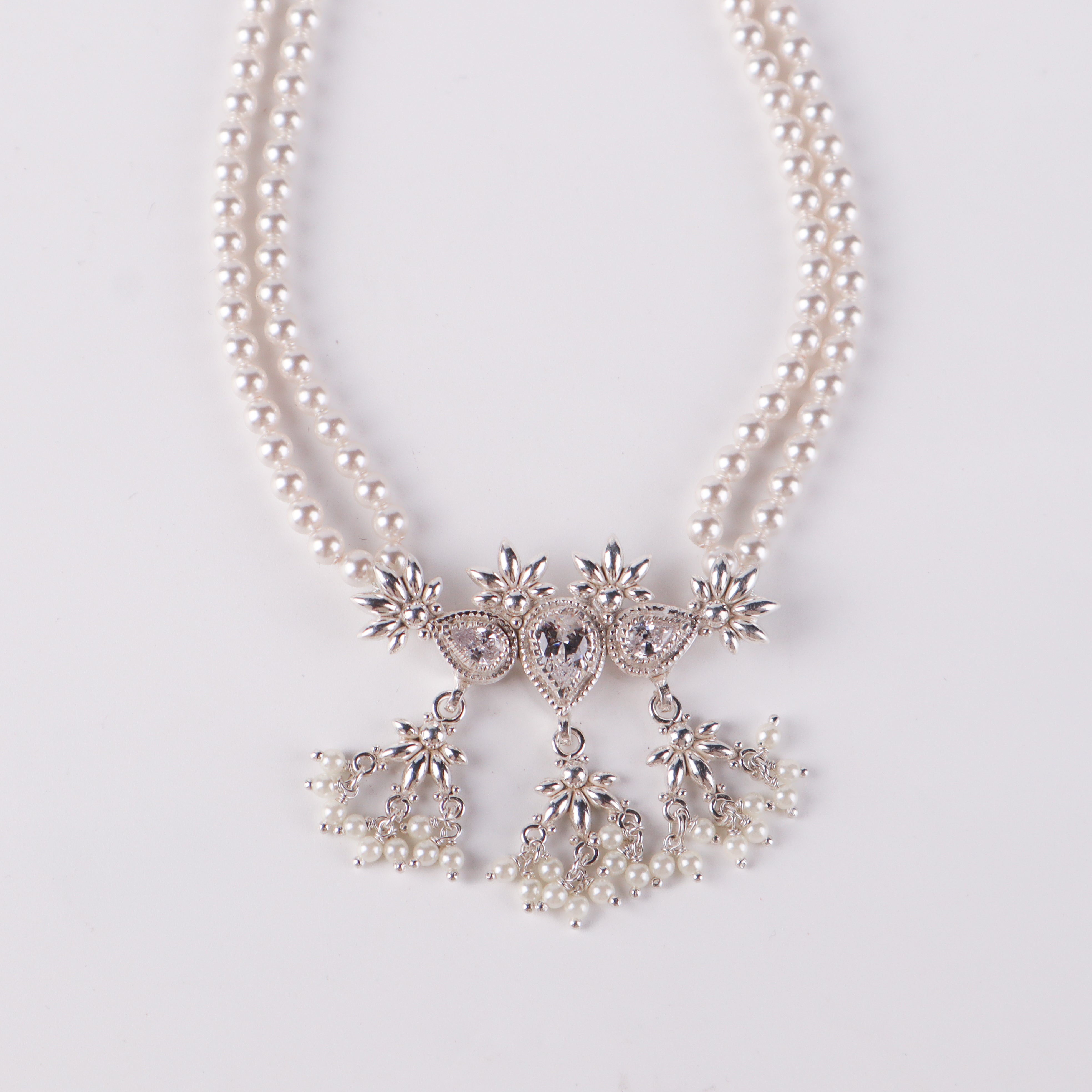Silver CZ Flower Tanmani Set with Pearls (3 Leaf)
