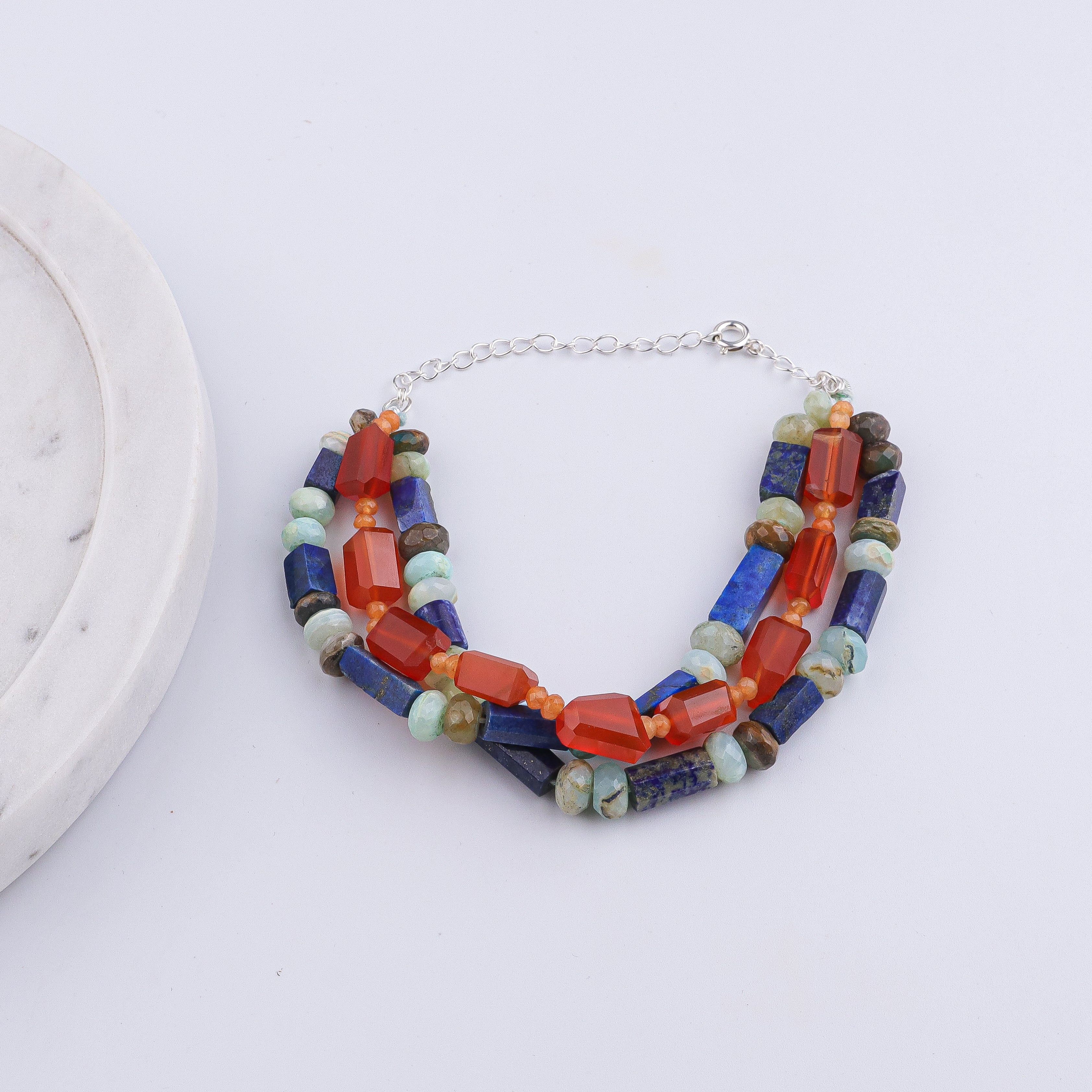 Carnelian, Lapis Lazuli, Orange Jade & Blue Opal Silver Bracelet (Project Handmade)