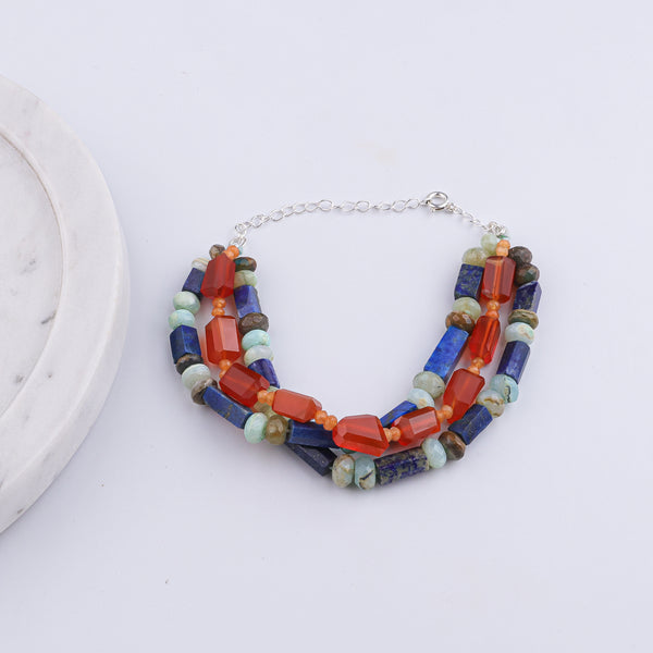 Carnelian, Lapis Lazuli, Orange Jade & Blue Opal Silver Bracelet (Project Handmade)