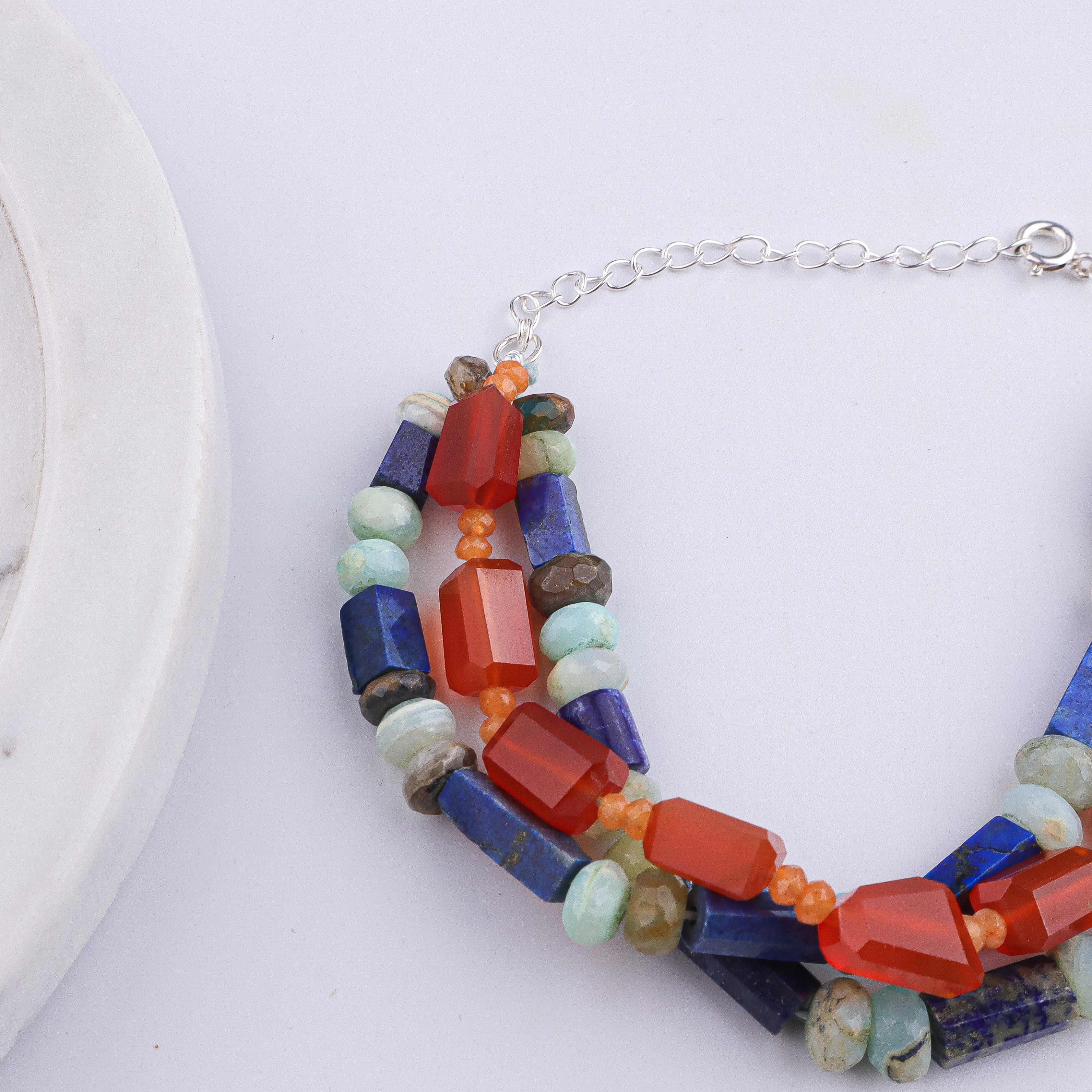 Carnelian, Lapis Lazuli, Orange Jade & Blue Opal Silver Bracelet (Project Handmade)