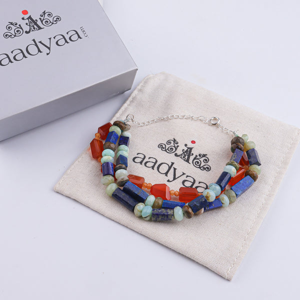 Carnelian, Lapis Lazuli, Orange Jade & Blue Opal Silver Bracelet (Project Handmade)