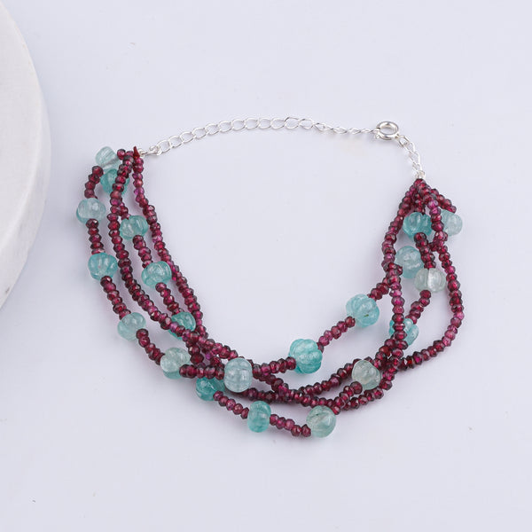 Carved Pumpkin Aqua Fluorite & Garnet Silver Bracelet (Project Handmade)