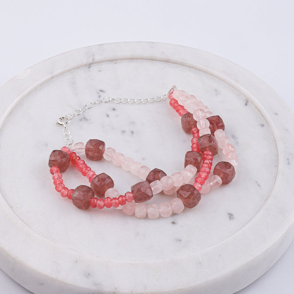 Pink Jade, Strawberry & Rose Quartz Silver Bracelet (Project Handmade)