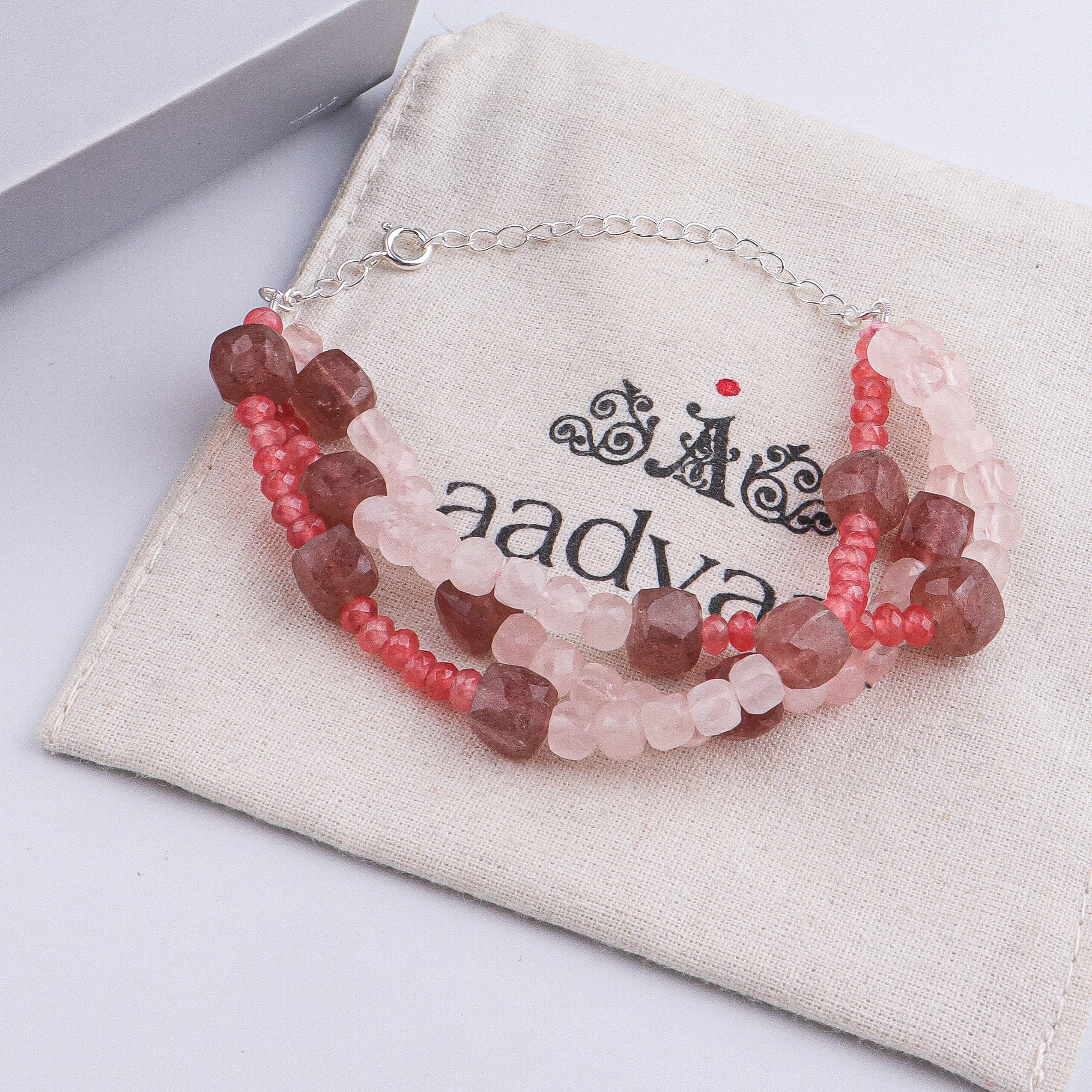 Pink Jade, Strawberry & Rose Quartz Silver Bracelet (Project Handmade)