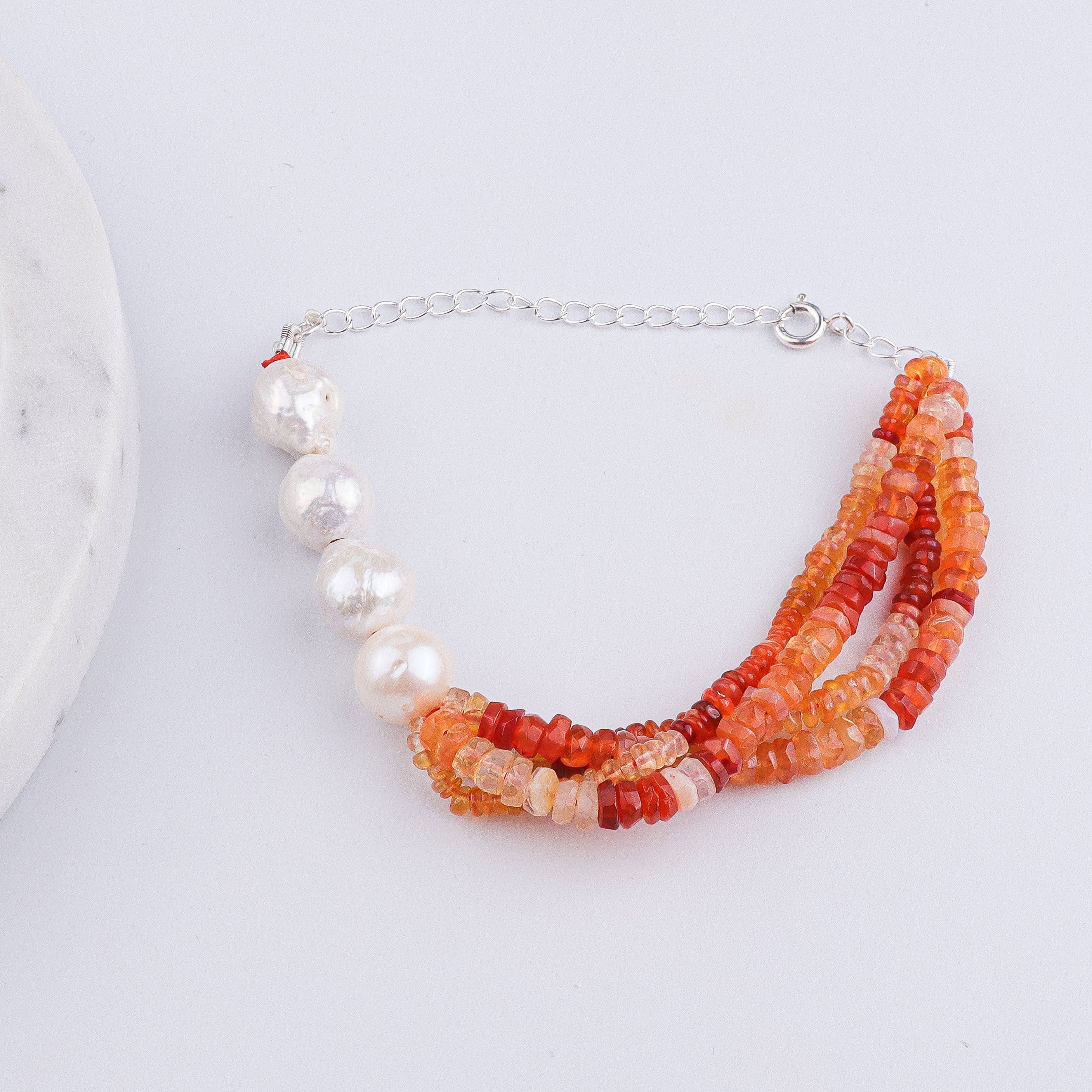Natural Orange Opal & Baroque Pearl Silver Bracelet (Project Handmade)