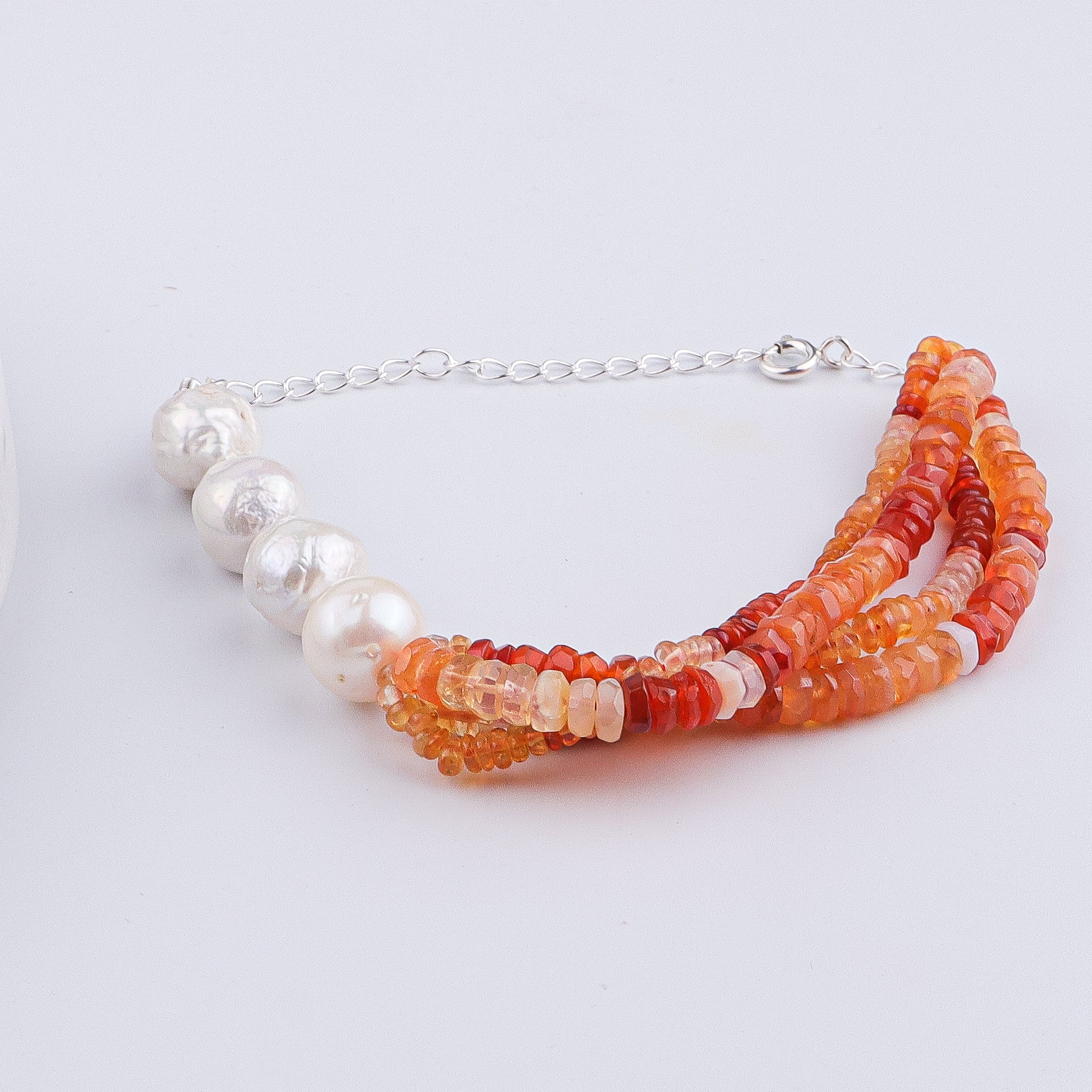 Natural Orange Opal & Baroque Pearl Silver Bracelet (Project Handmade)