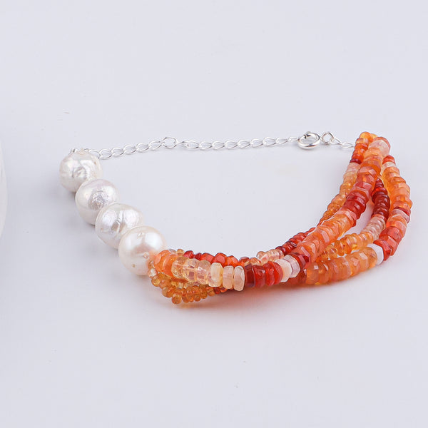 Natural Orange Opal & Baroque Pearl Silver Bracelet (Project Handmade)