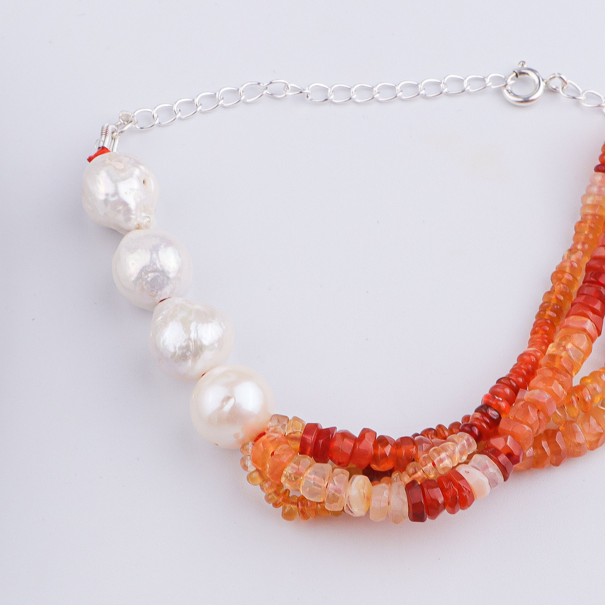 Natural Orange Opal & Baroque Pearl Silver Bracelet (Project Handmade)