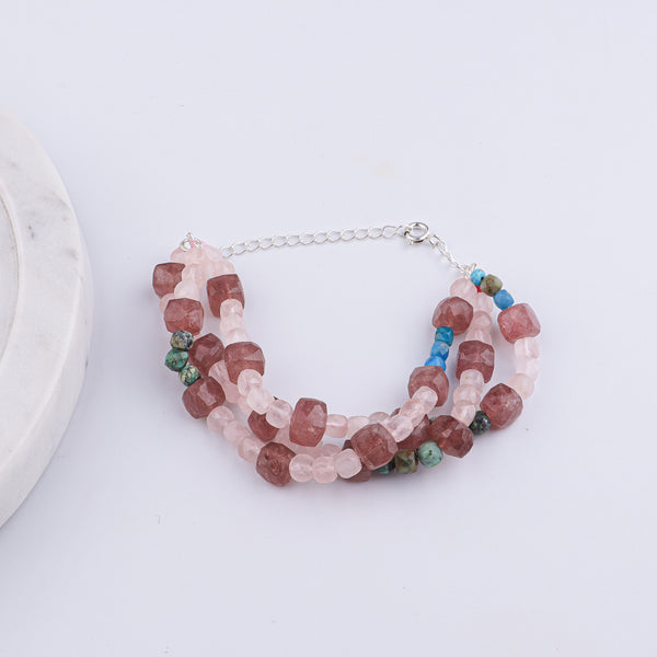 Strawberry Quartz, Rose Quartz & Firoza Silver Bracelet (Project Handmade)