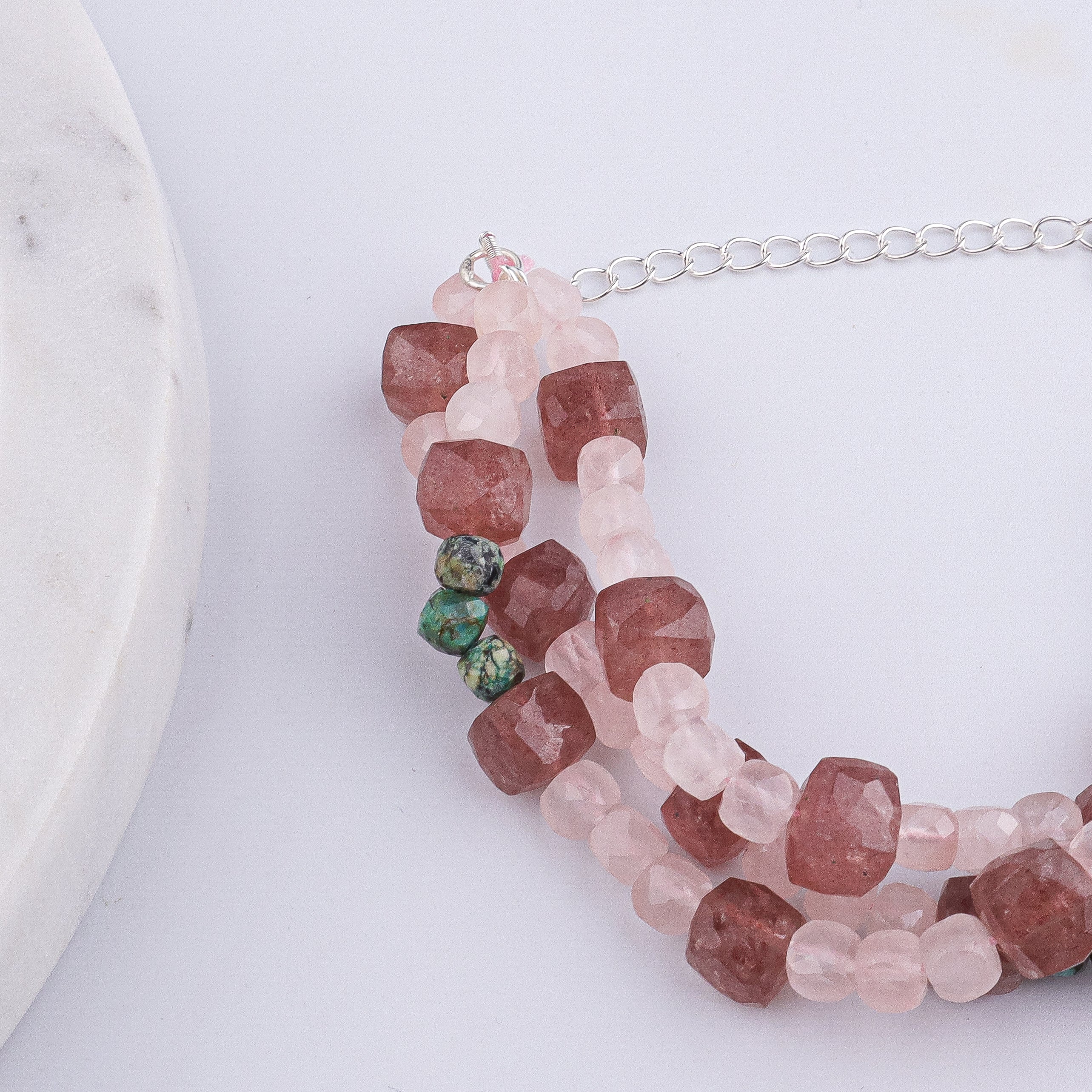 Strawberry Quartz, Rose Quartz & Firoza Silver Bracelet (Project Handmade)