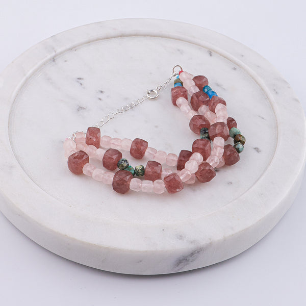 Strawberry Quartz, Rose Quartz & Firoza Silver Bracelet (Project Handmade)