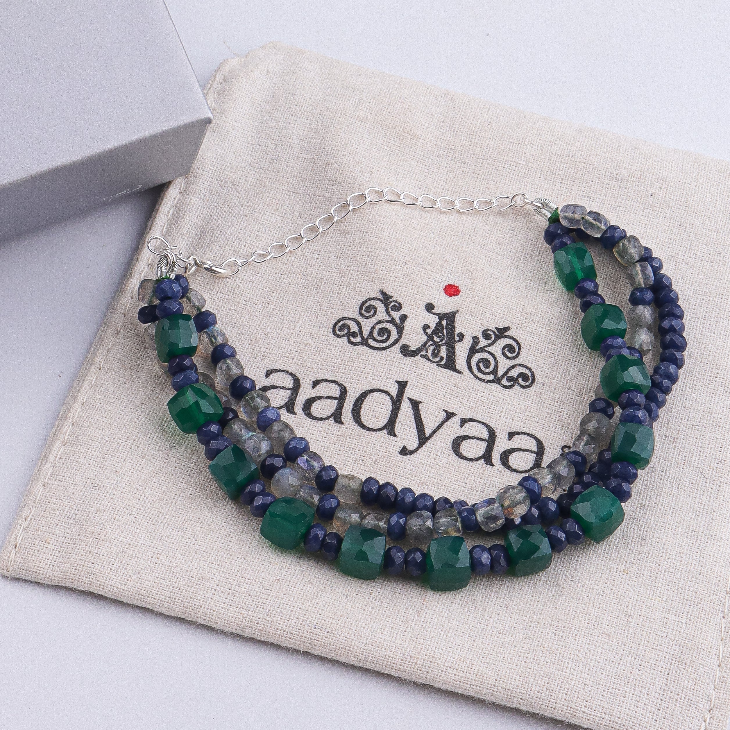 Green Onyx, Blue Jade & Labradorite Silver Bracelet (Project Handmade)