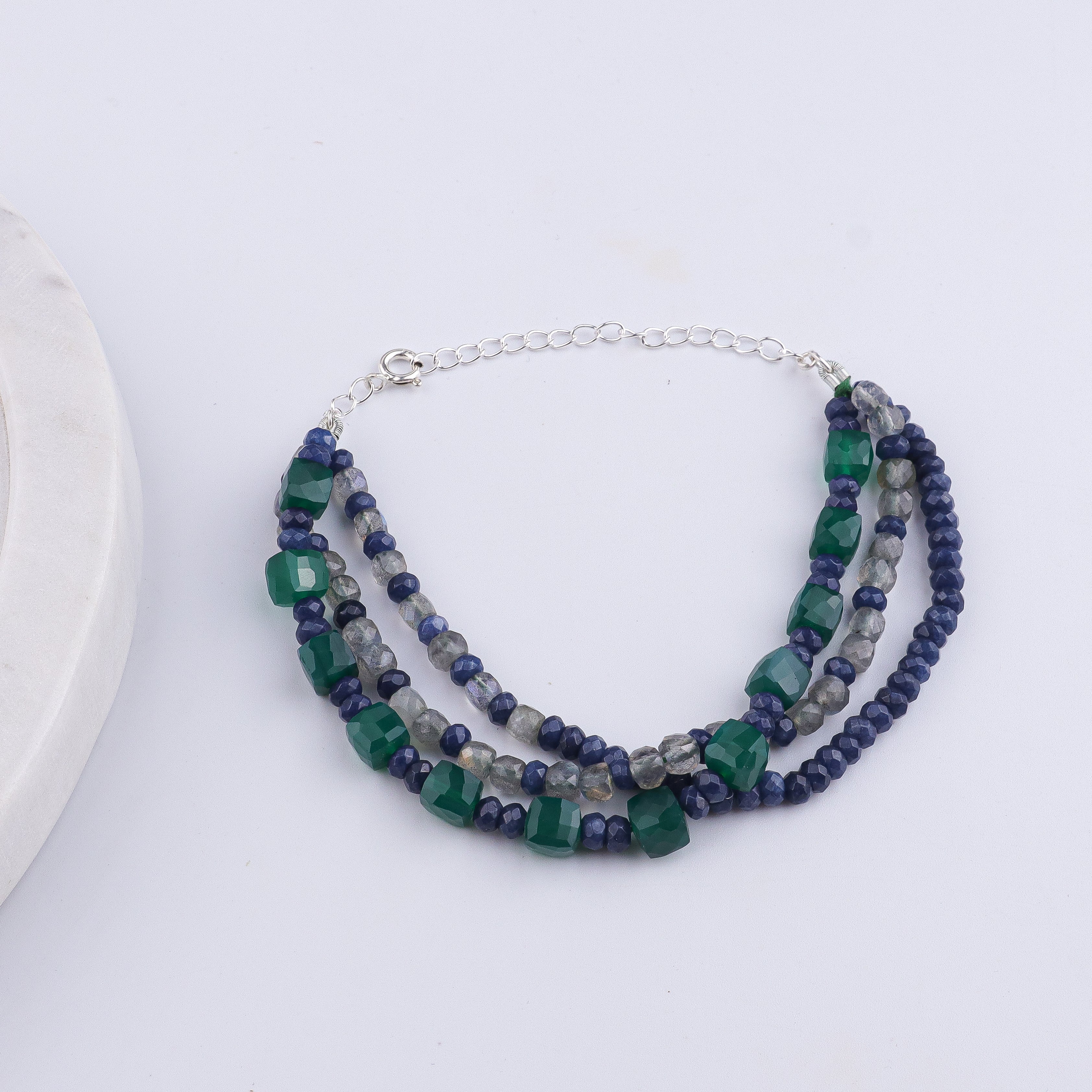 Green Onyx, Blue Jade & Labradorite Silver Bracelet (Project Handmade)