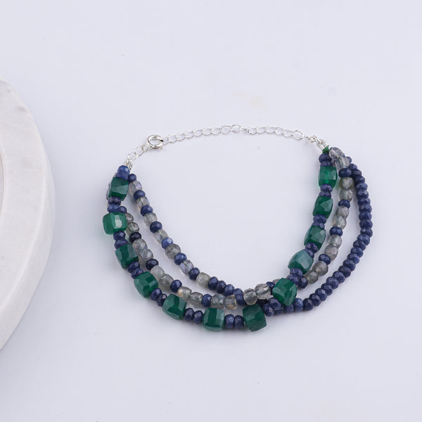 Green Onyx, Blue Jade & Labradorite Silver Bracelet (Project Handmade)